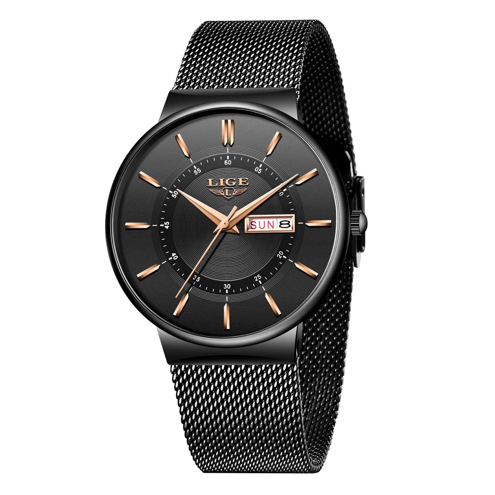 LIGE Stainless Steel Watches for Men Waterproof Wrist Analog Dress Vintage Work Casual 3ATM Water Resistant Quartz with Date Display Mesh Strap Thin Minimalist Analog Design Mens Watch,Gold Black