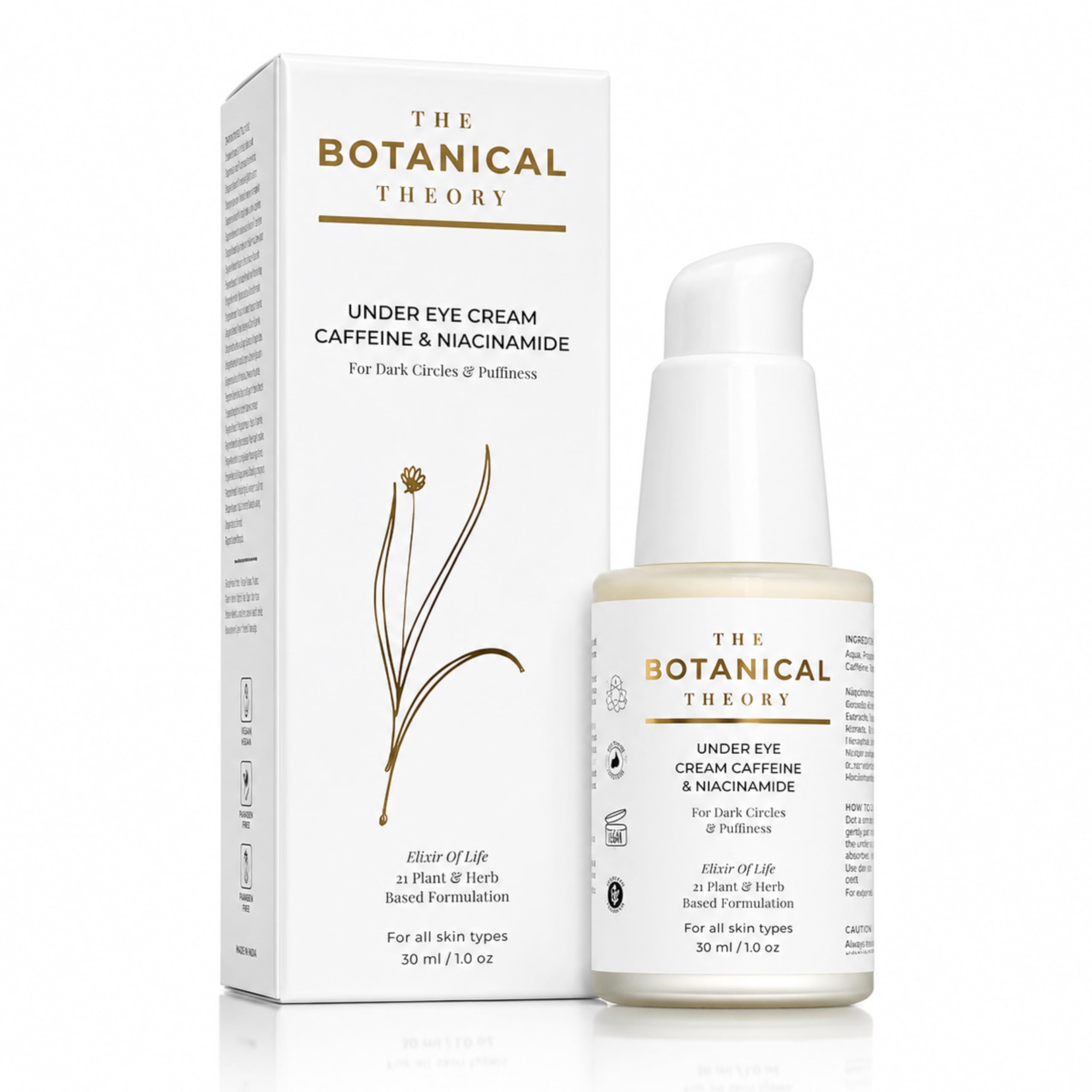 Botanical Theory Under Eye Cream with Caffeine & Niacinamide | Reduces Dark Circles, Puffiness & Fine Lines | Hyaluronic Acid & Vitamin E | Hydrating Eye Cream | All Skin Types | Men & Women - 30 ML