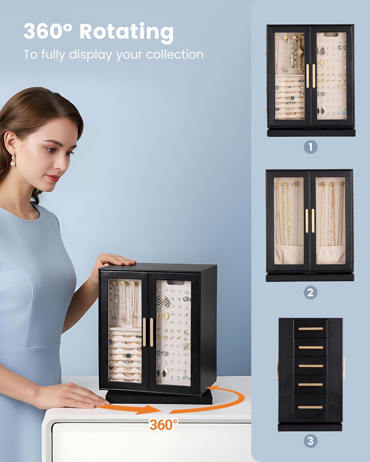 Lolalet Rotating 360° Jewelry Box, Clear Window Jewellery Storage for Earrings Bracelets Necklaces Rings, Large Vertical Organizer for Women, Valentine's Day Gift -Black - Image 3