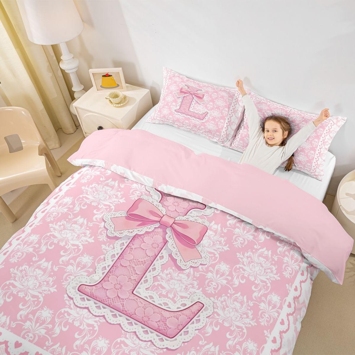Homewish Początkowa litera koronka L kokardka różowa super king poszewka na kołdrę kwiaty kokarda zestaw pościeli Kawaii dziewczyny dzieci alfabet poszewka na kołdrę ciepła miękka pościel