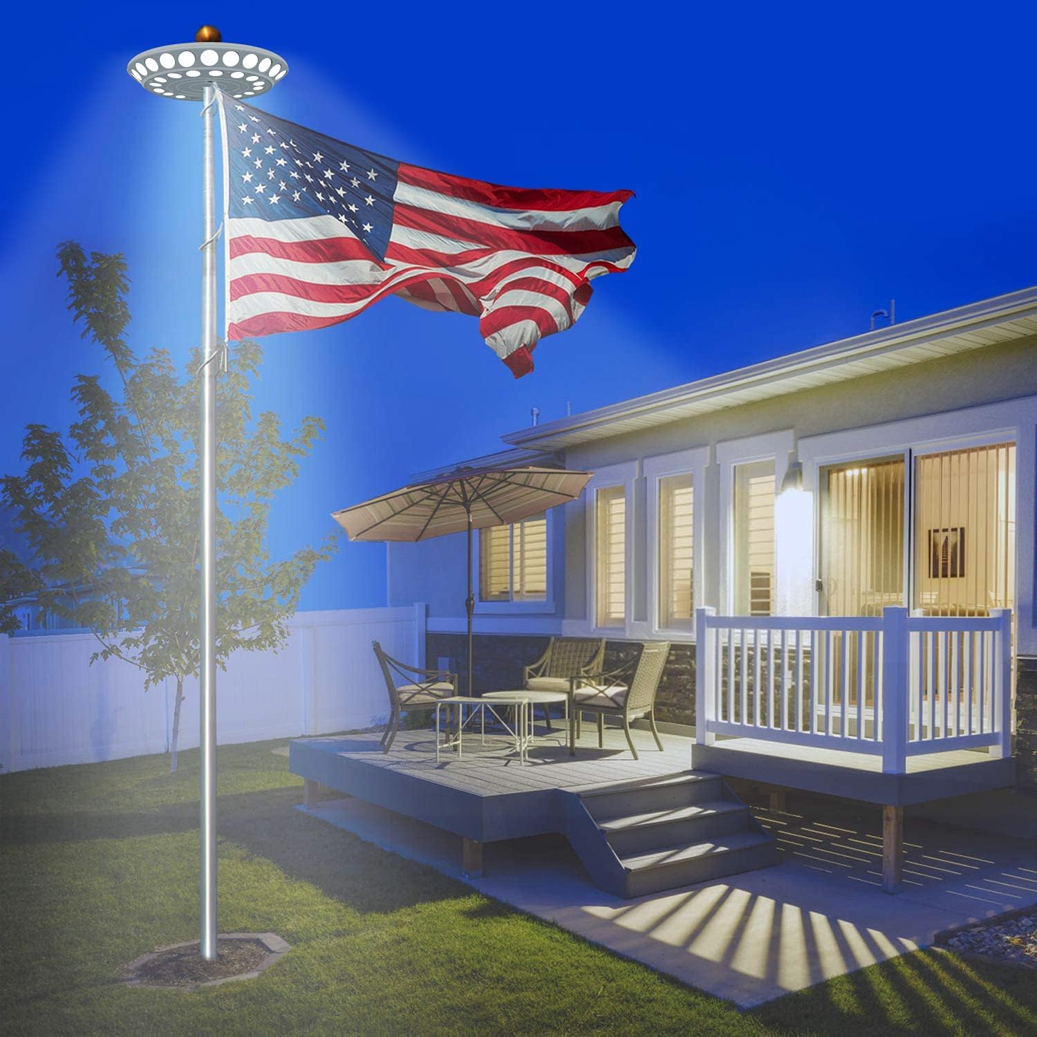 Flag Pole Light Solar Powered, 5200mAh Top Mount Flagpole Lights, 2400lm Auto On/Off, Dusk to Dawn for Most Outdoor 15 to 25 Ft In-Ground Flagpole