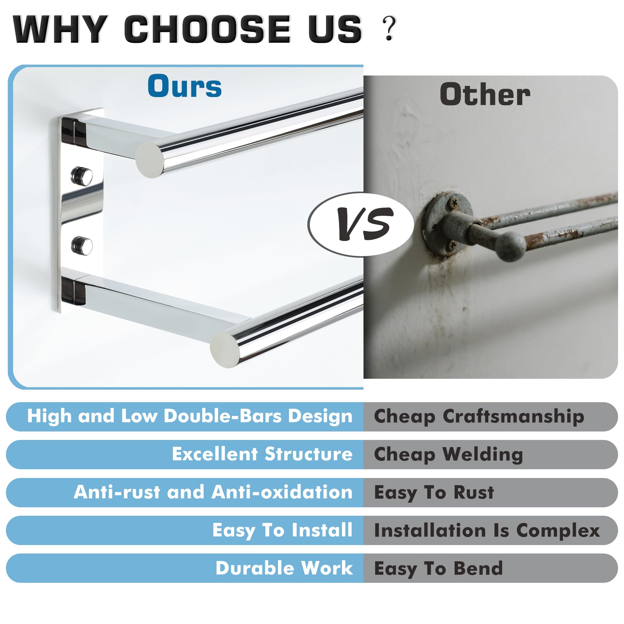 Mooche Towel Rail,Bathroom Towel Rail Wall Mounted, Double Towel Rack for Bathroom,SUS304 Stainless Steel 800MM Towel Holder - Image 3