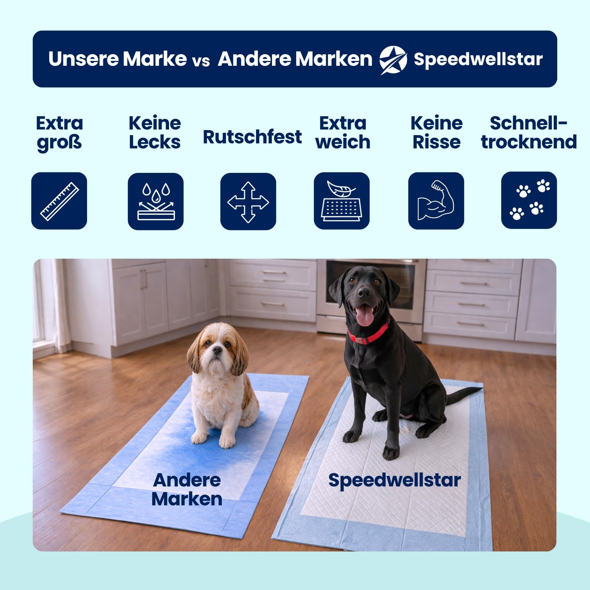 Speedwellstar Extra große Welpen- und Hundetrainingsunterlagen, 150 x 80 cm, 2300 ml, Auslaufsicher, Schnell trocknend & rutschfest, Toiletten- und Trainingspads für Hunde und Haustiere – 20 Stück