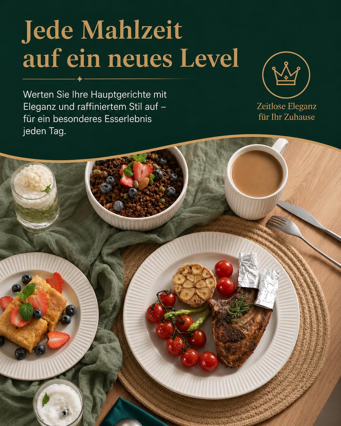 12-teiliges Keramik Geschirrset für 4 Personen, Steinzeug Teller & Schalen Set, Mikrowellen- & Spülmaschinengeeignet, Kratzfest & Bleifrei, Modernes Streifen Design, Weiß