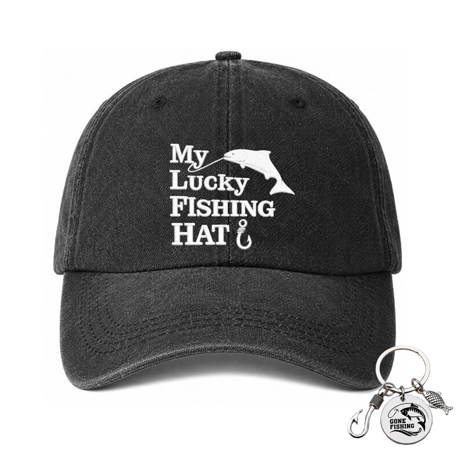 RUQVKWLA „My Lucky Fishing Hat“ – with Keyring, Brilliant Fishing Gifts for Men and Women, Vintage Washed Black Adjustable Fishing Hat, Essential Fishing Accessories for Outdoors
