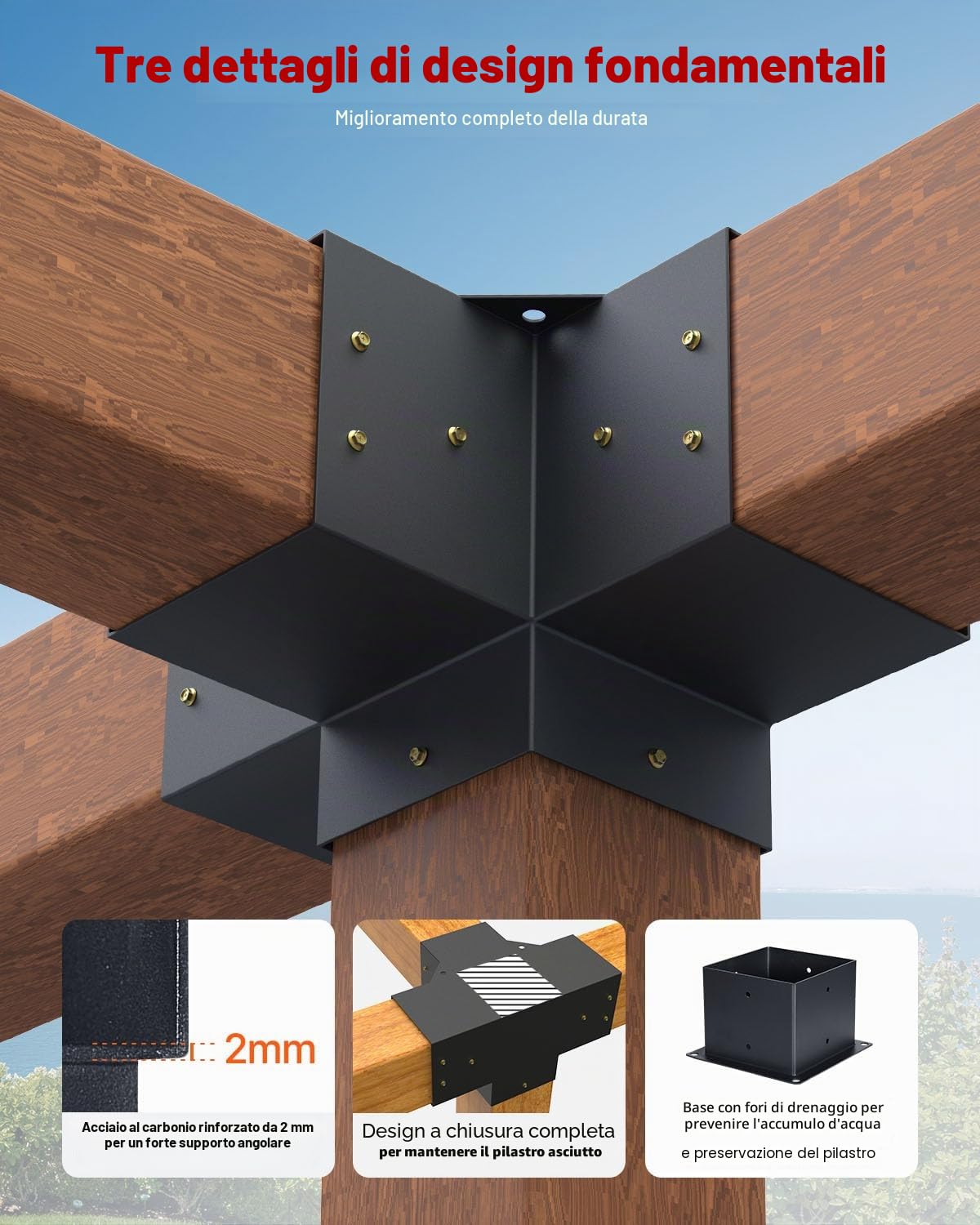 VEVOR Kit Staffe per Pergolato, ca. 152 x 152 mm, Adatto per Interna 14x14 cm, 4 Pezzi a 4 Vie, Kit Base per Pali in Legno, Travi in Legno di Facile Installazione per Gazebo, Pergola da Giardino