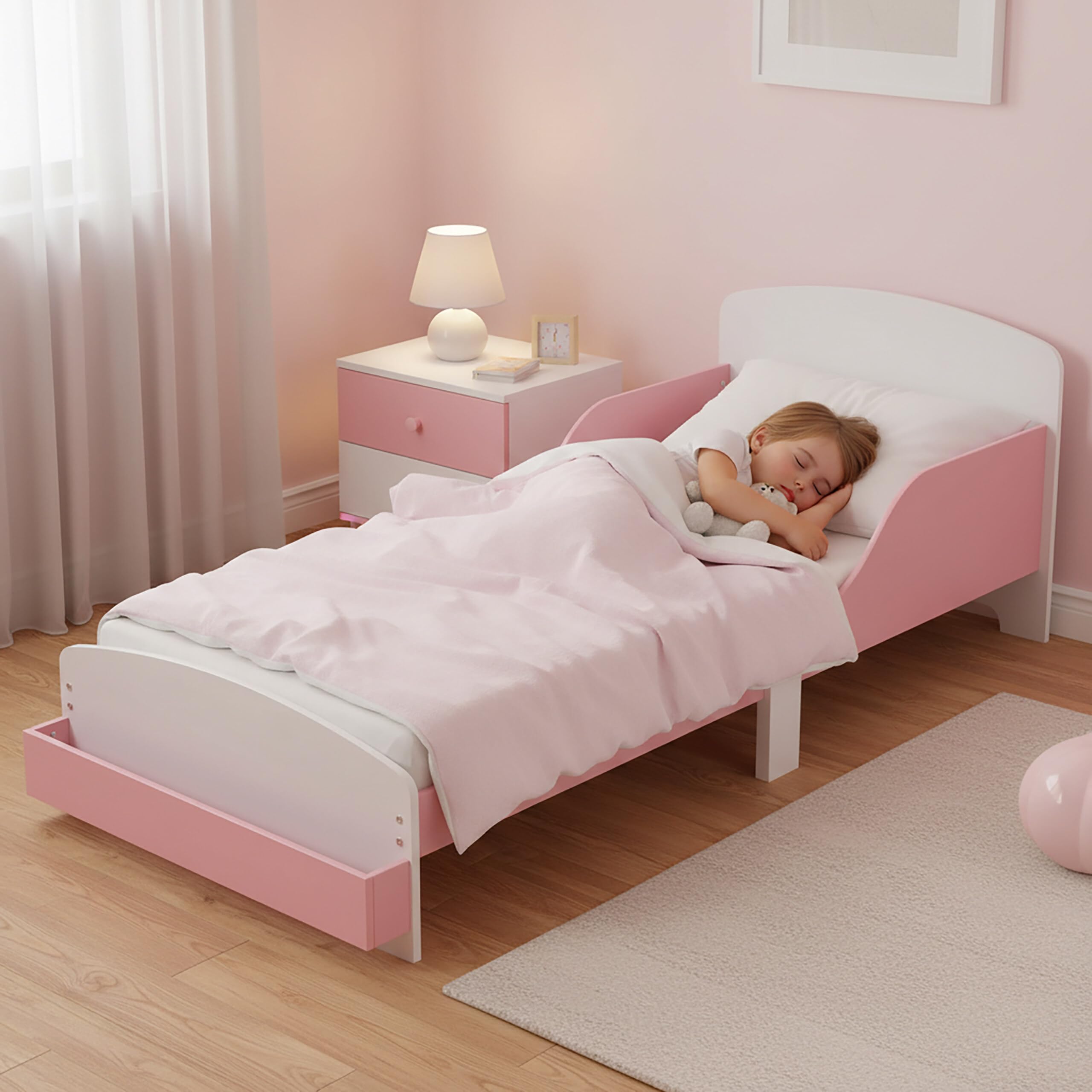Relaxdays Lettino per Bambini 70x140 cm con sponde Anti-Caduta, Rete a doghe, ripiano, MDF, Rosa/Bianco