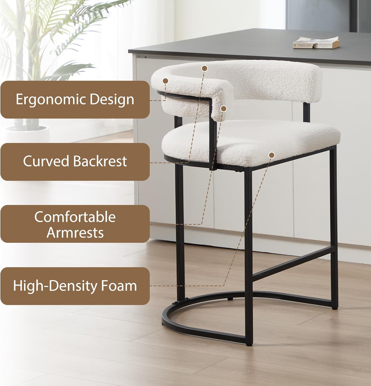 Counter Height Bar Stools Set of 2, Modern Teddy Fabric Upholstered Barstools with Comfy Back and Armrests, 26" Bar Chairs with Black Metal Frame for Kitchen Island, Dining Room, Cream