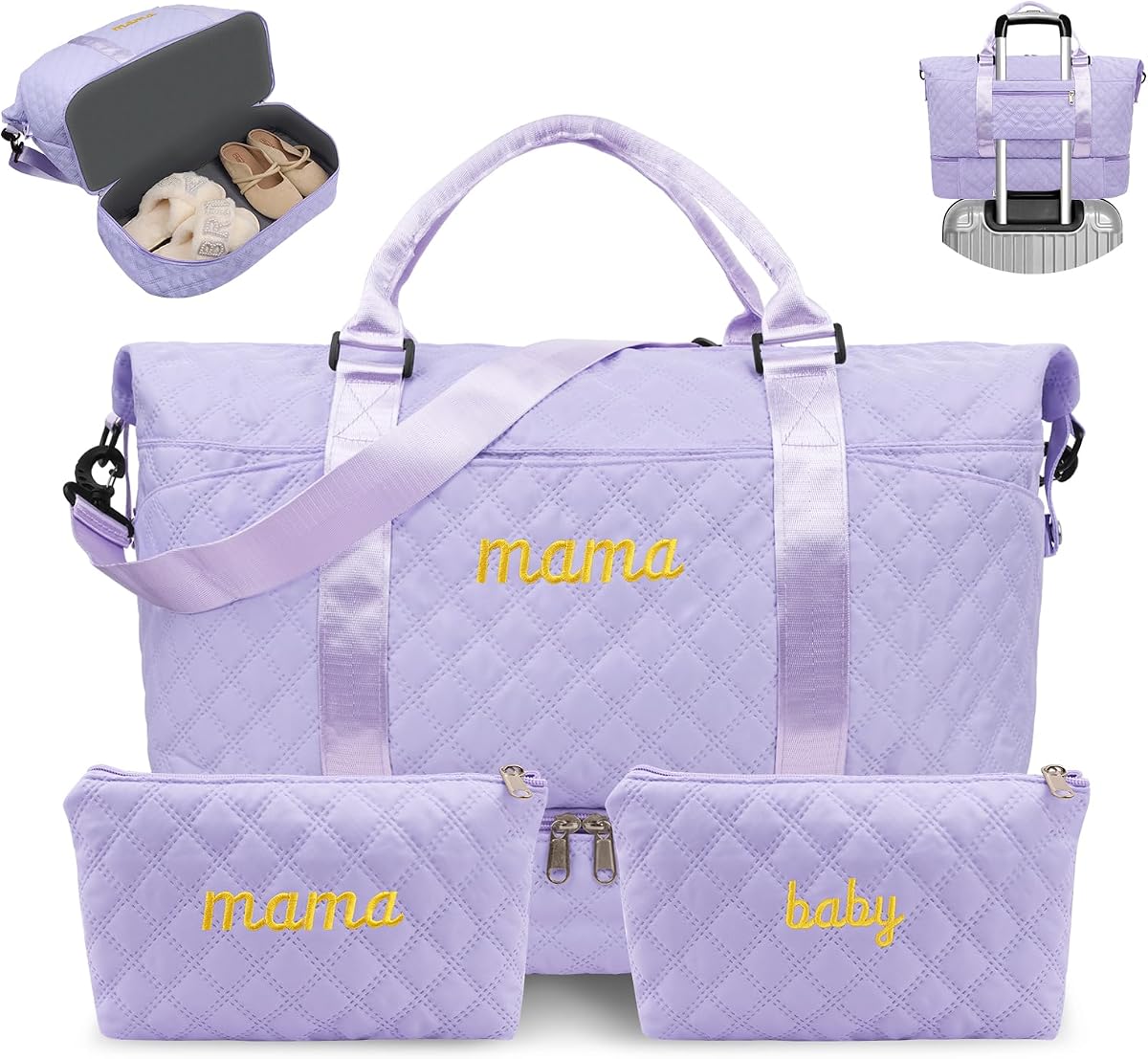 Mama Baby Pregnancy Hospital Bag Essentials for Women Labor Delivery Diaper Organizer with Shoe Compartment,2 Waterproof Toiletry Pouch Travel Duffle Bag for Mommy Weekender Overnight Gym Gifts,Purple