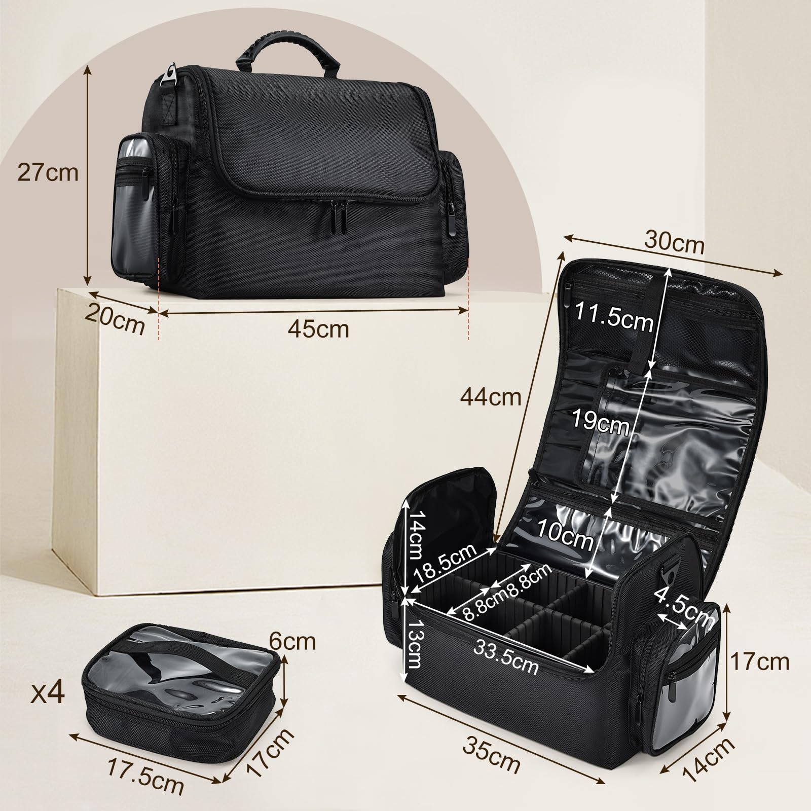 Beauty case grande per trucchi, nail art, cosmetici, gioielli, con cinghia per il trasporto, in tessuto di nylon, 29 x 21 x 25 cm, nero e trasparente
