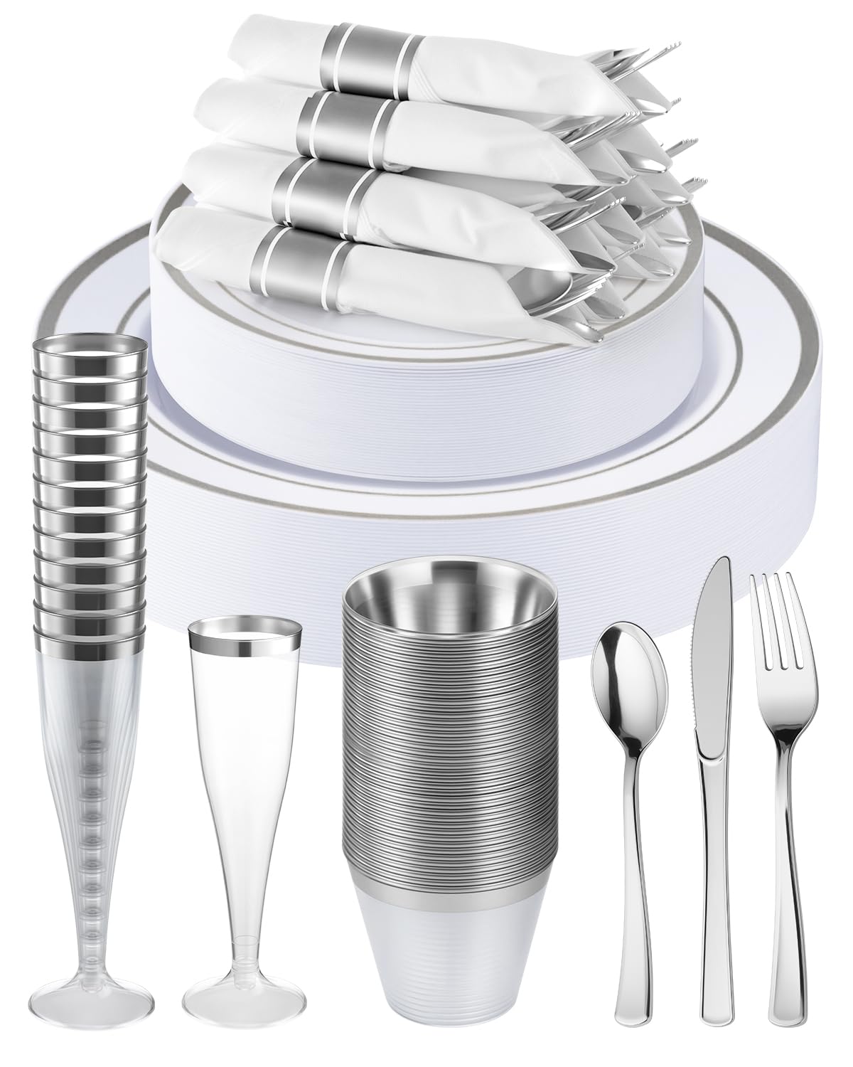 Photo 1 of Goodluck 320 PCS Silver Disposable Plastic Dinnerware Set for 40 Guests, Include 40 Dinner Plates, 40 Dessert Plates, 40 Napkins with Silverware, 40 Cups, 40 Champagne Glasses, for Christmas, Wedding