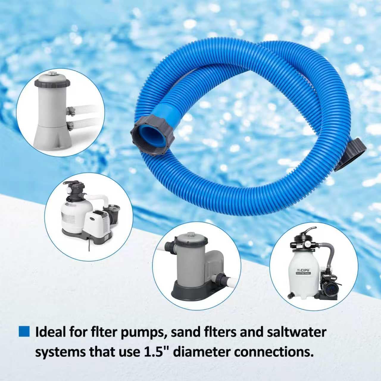 2-Pack 1.5 Inch Pool Pump Hose Replacement for Above Ground Pools, 59" Long Flexible PE Pool Filter Hose for Most 1.5 Inch Diameter Sand Filters & Saltwater Systems (Blue)