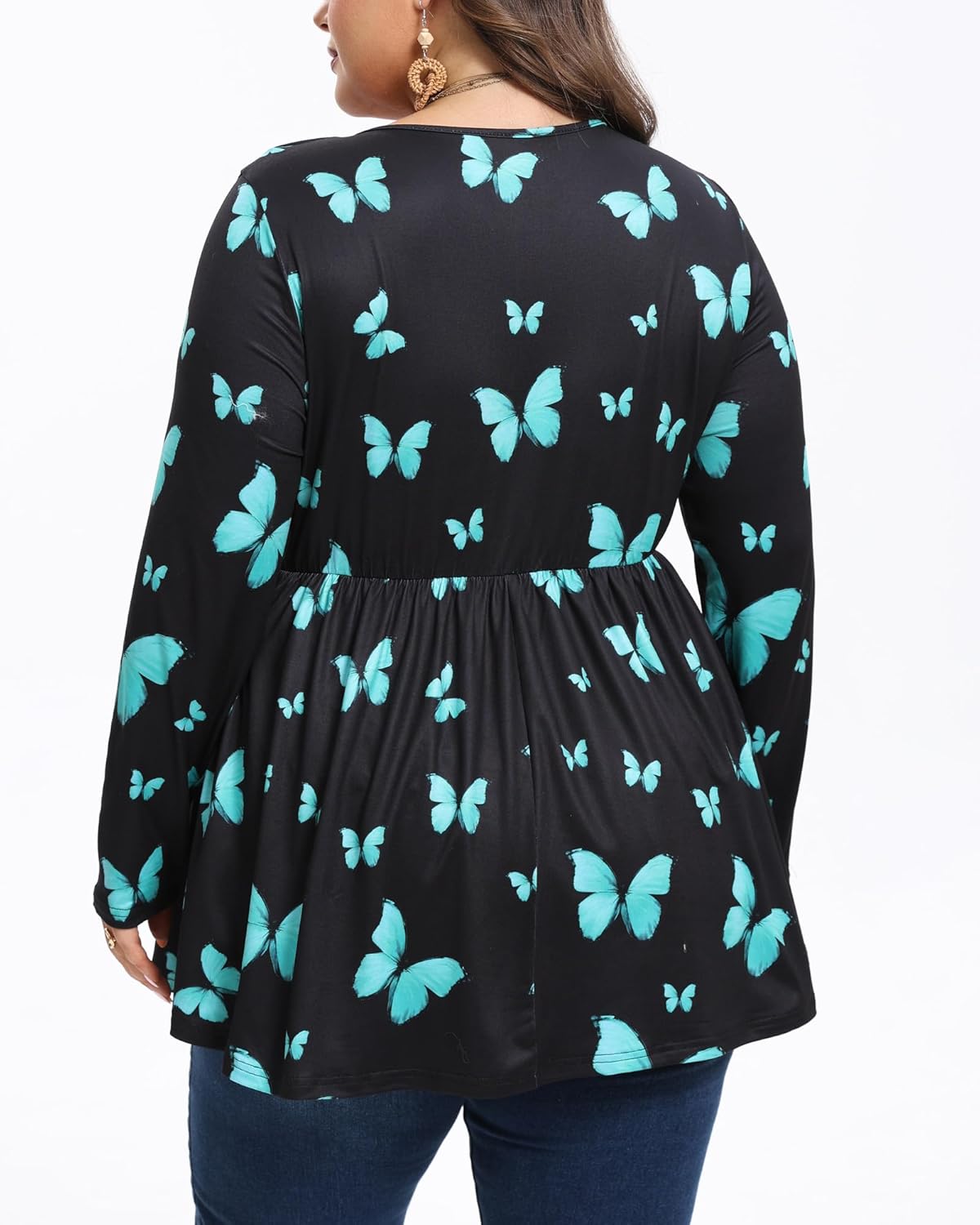 Womens Plus Size Long Sleeve Fall Tops Ruffle Wrap V Neck Pleated Shirts Dressy Casual Loose Tunic Blouse - Image 2