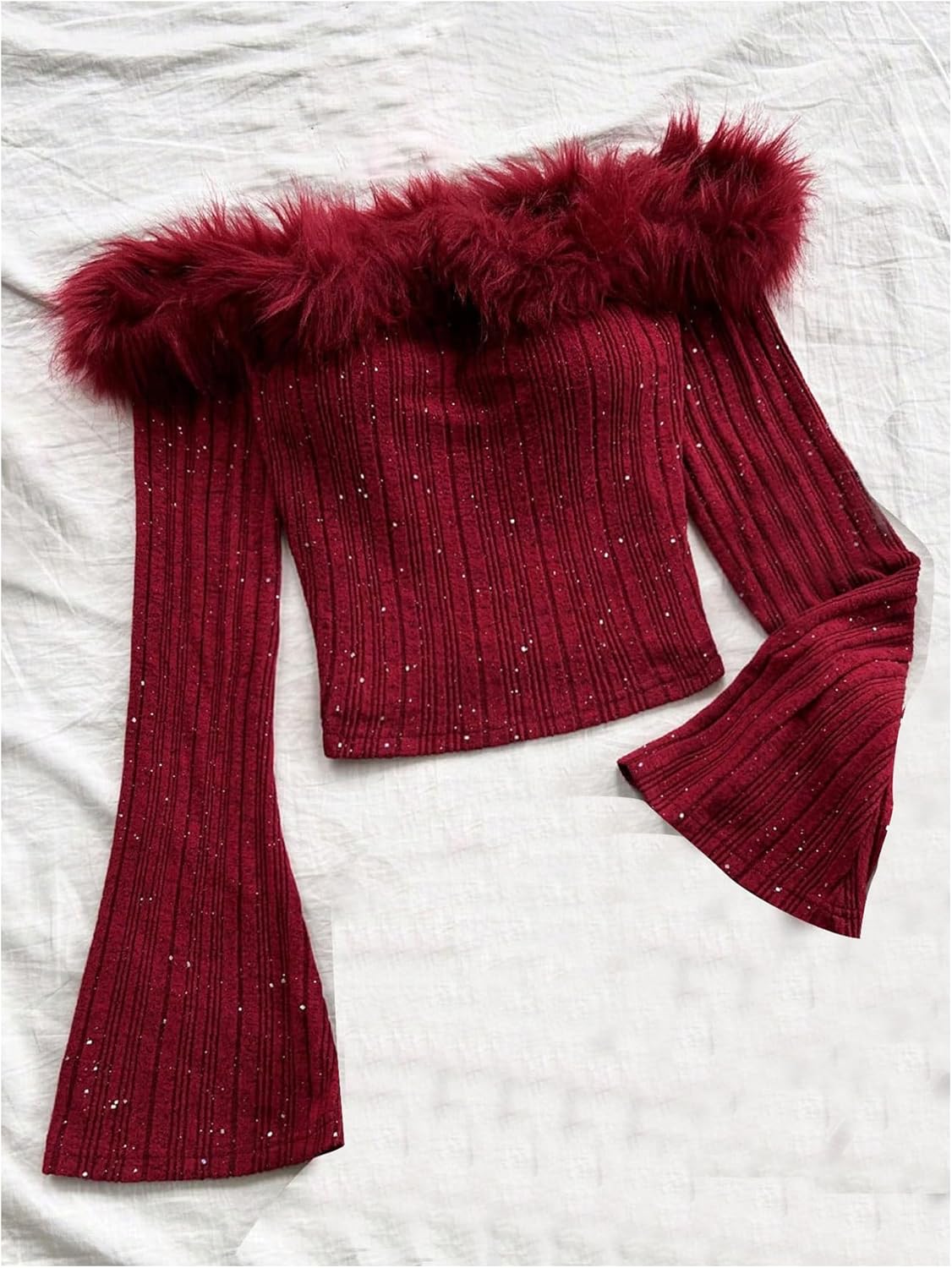 MakeMeChic Women's Faux Fur Crop Tops Bell Sleeve Off Shoulder Glitter Party Tee Shirts - Image 6