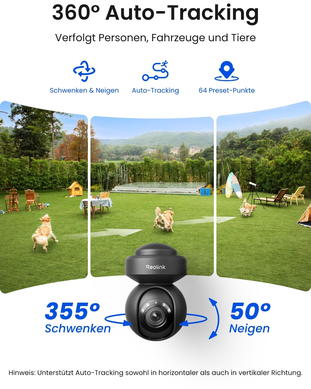 Reolink 5MP PTZ Überwachungskamera Aussen WLAN, 3X Optischer Zoom, 2,4/5GHz WLAN Kamera Outdoor mit Automatischer Verfolgung, Personen-/Fahrzeugerkennung, Vollfarb-Nachtsicht, E1 Outdoor Schwarz