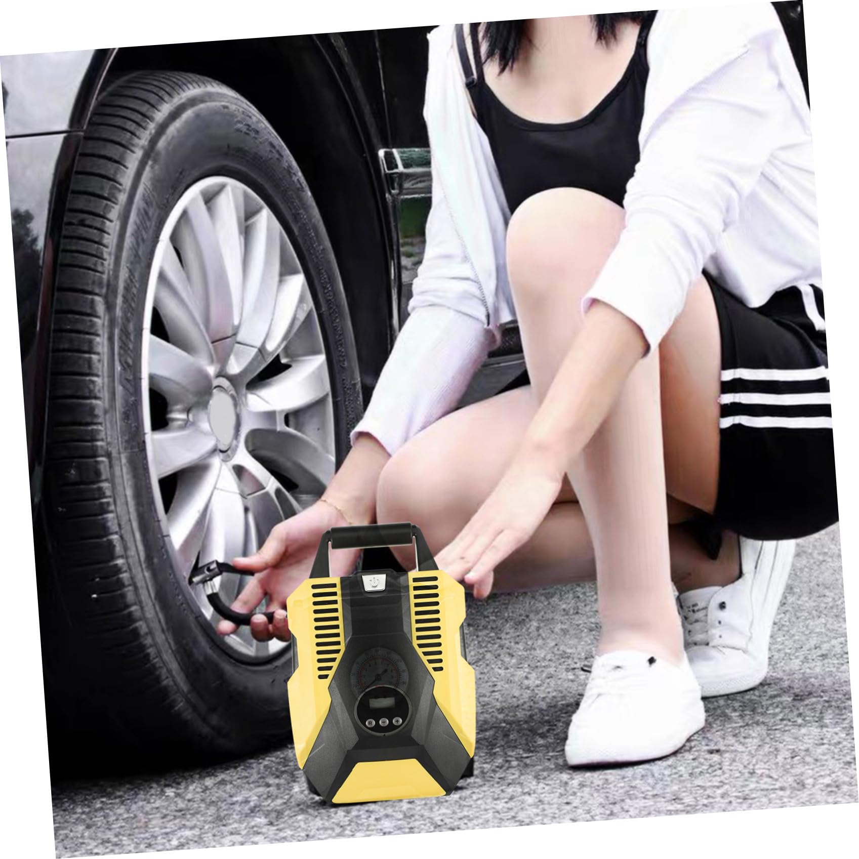 Bomba de Neumáticos Material Abs y Cobre Portátil para Coche Función Automática de Inflado y Apagado con Medidor de Presión Digital Color Amarillo