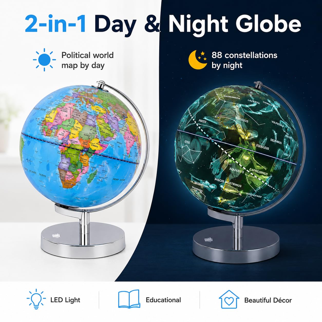 Exerz 23cm Leuchtglobus Metallsockel - Englische Karte - Schülerglobus Mit Kabelfreier LED-Beleuchtung Bei - Politische Karte (Tageszeit) - Konstellation Sterne (Nacht) - Spaß und Bildung
