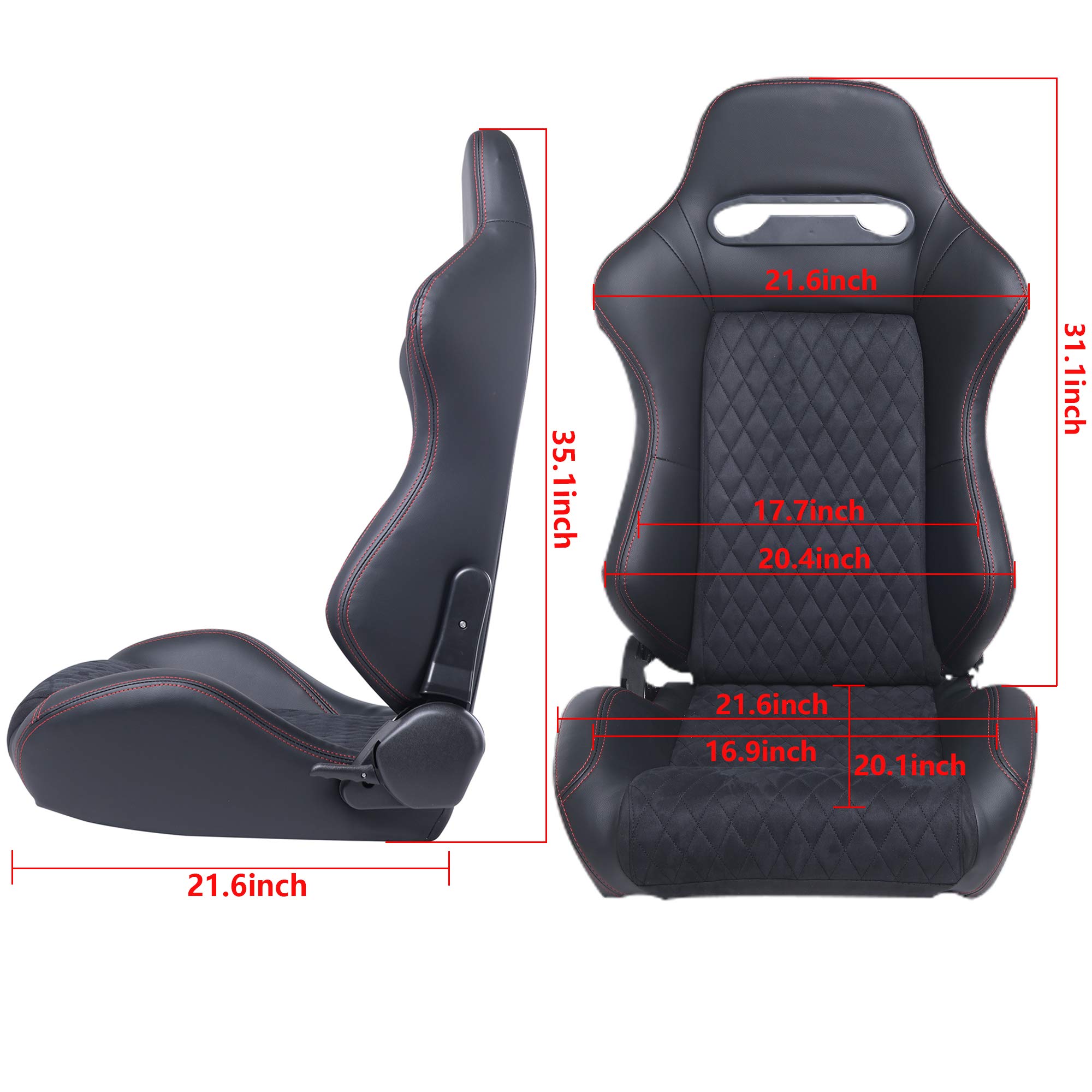 Racing Seats, Pair of PVC with Suade Material Racing Bucket Seats with Dual Sliders, Black with Red Stitching