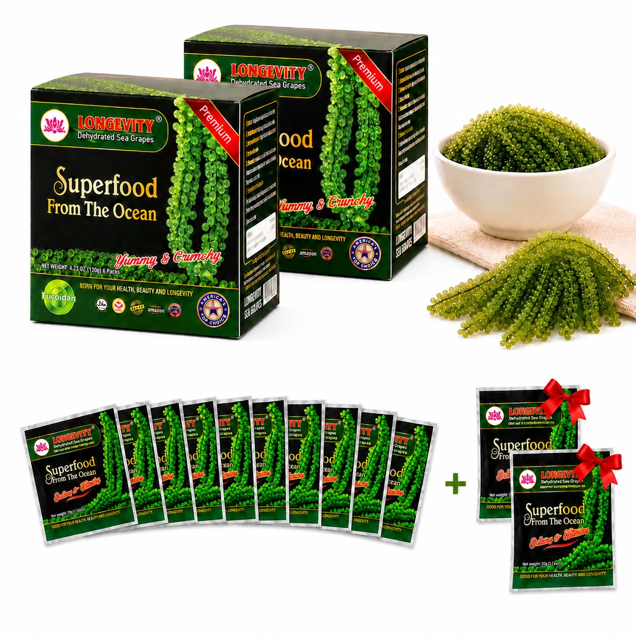 Longevity Meerestraube | Sea Grapes | Umibudo Grape Seaweed 12 x 20G | Rohkost | veganer Kaviar | für knackige Salate