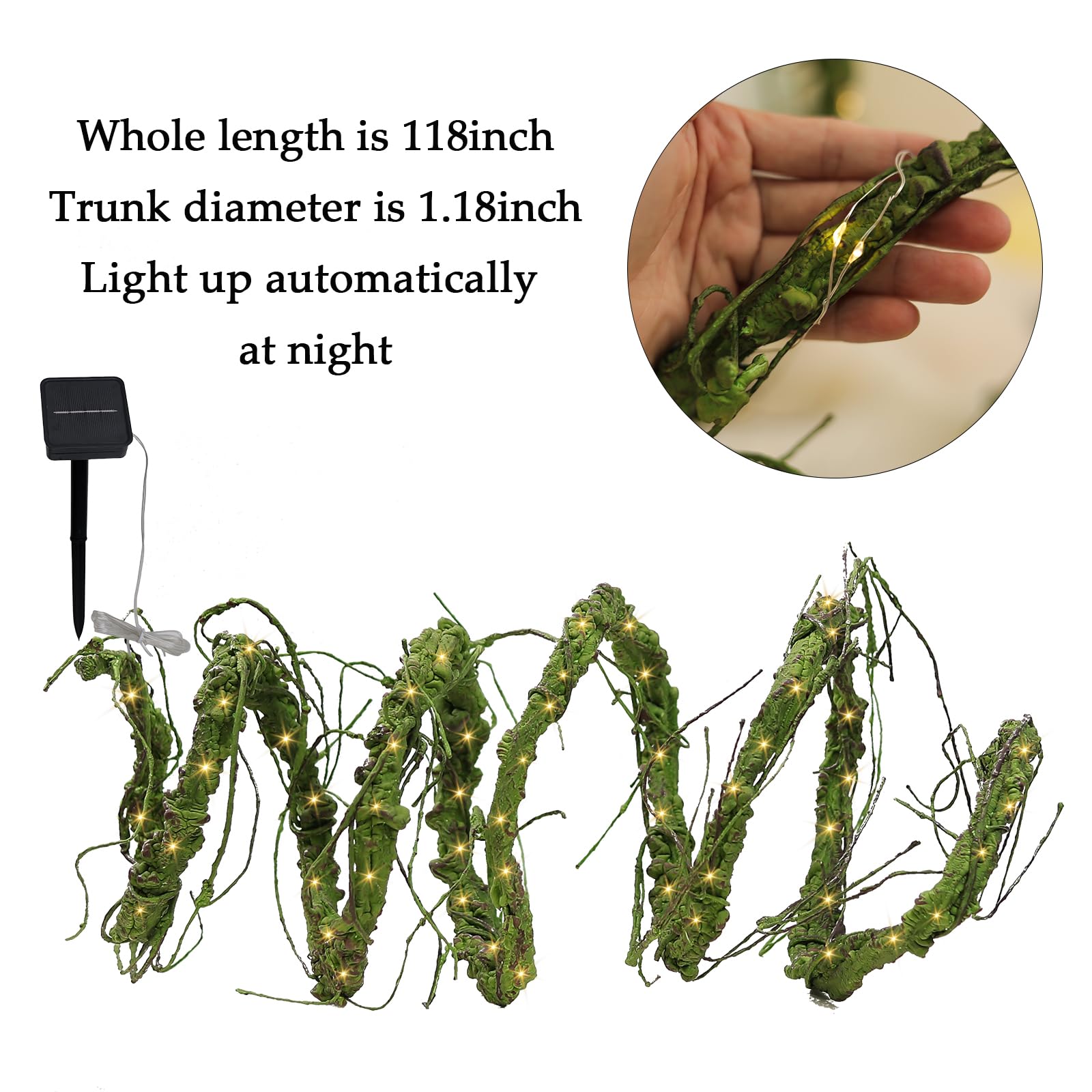 118inch Long Grapevine Garland With Solar String Lights Bendable Fake Tree Branches For Decoration Artificial Tree Twigs Wall Room Hanging Garden Fence Patio Yard Wedding Decorating (Green, Large)