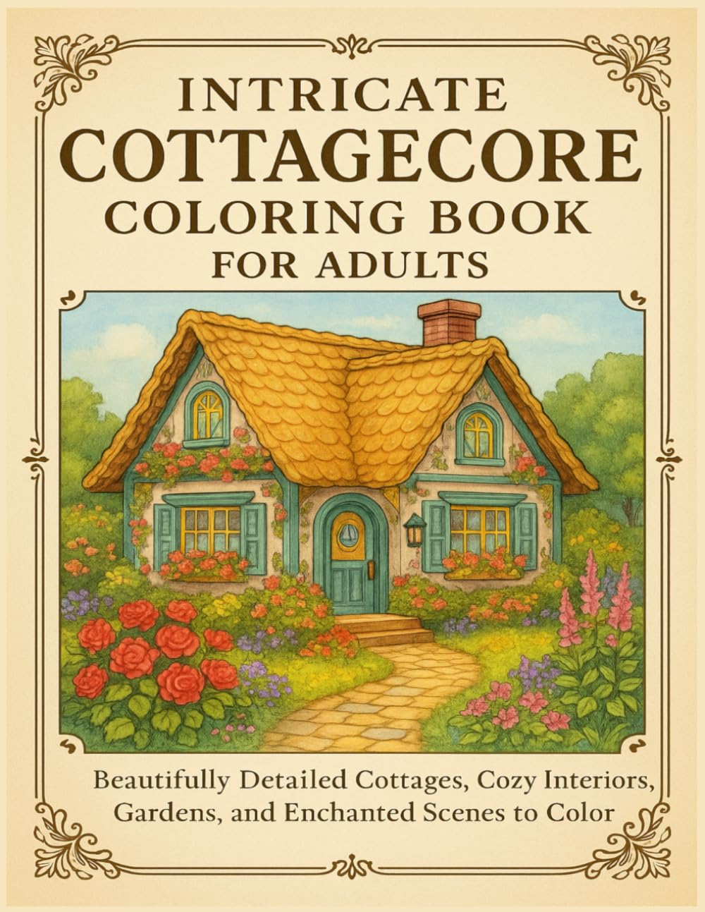 Intricate Cottagecore Coloring Book for Adults: Beautifully Detailed Cottages, Cozy Interiors, Gardens, and Enchanted Scenes to Color
