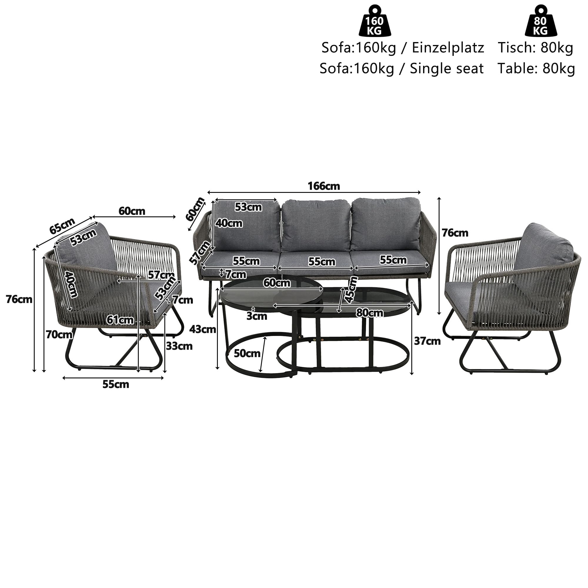 Salon de Jardin Exterieur 5 Personnes, canapé 5 Places avec Table gigogne en Verre, Coussins, tressée Salon de Jardin Aluminium, canapé d'extérieur pour terrasse, pelouse, Balcon,Gris
