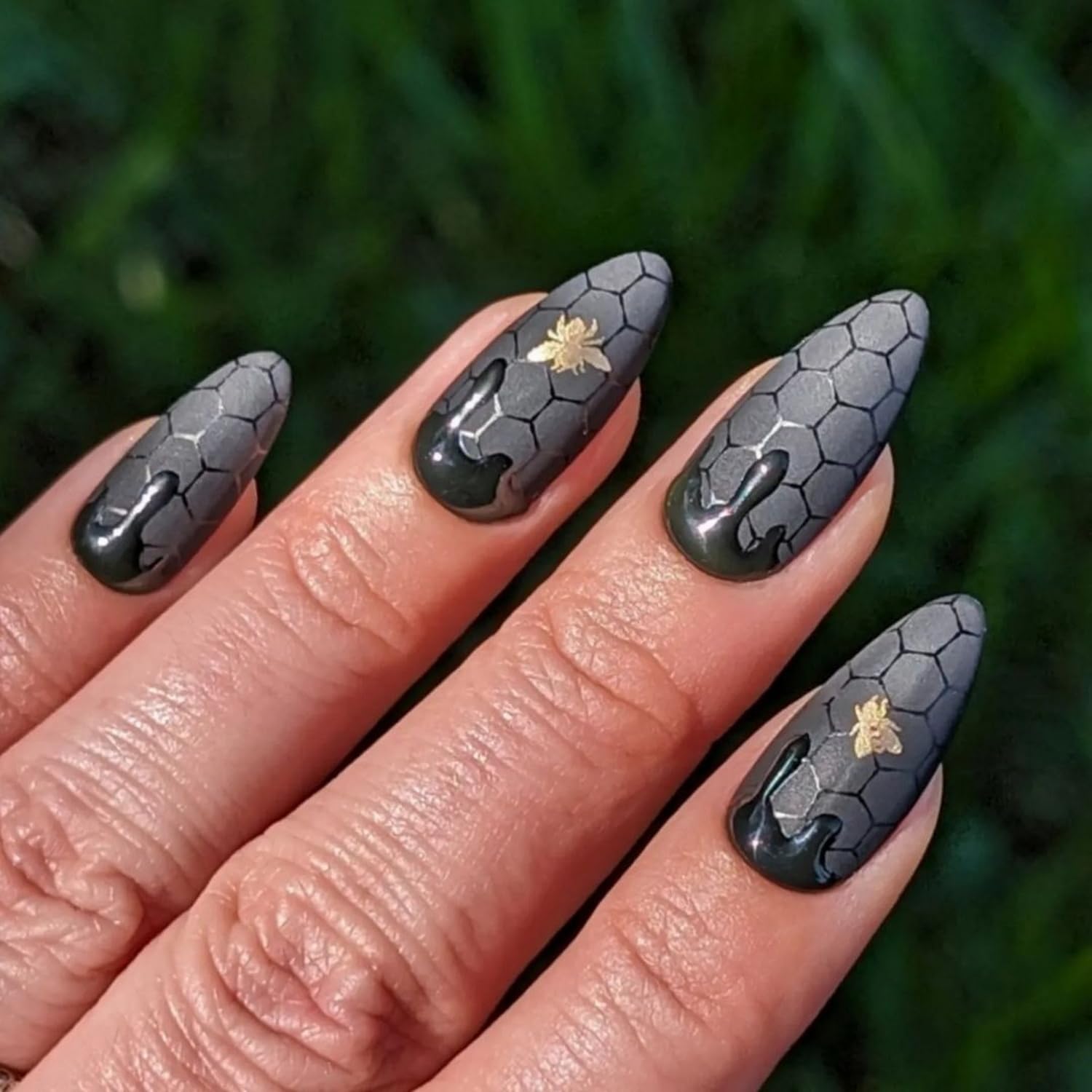Halloween Press on Nail Almond Fake Nails Black Nails with Spider Web Bee designs Blood Stick on Nail Full Cover Acrylic Nail False Nails for Women Girls Manicure 24pcs