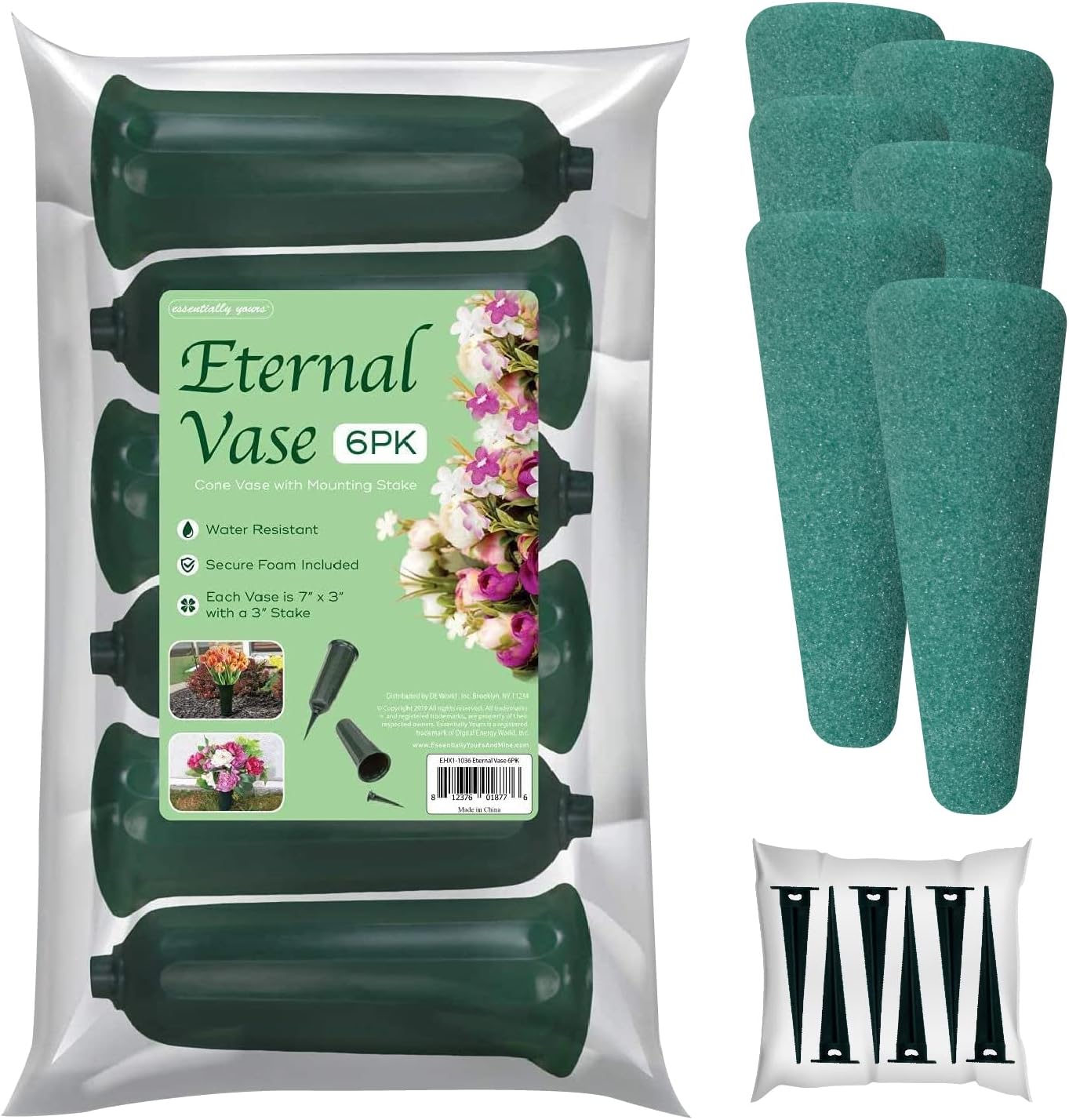 Essentially Yours Memorial Floral Vases with Foam Included (Green, 6