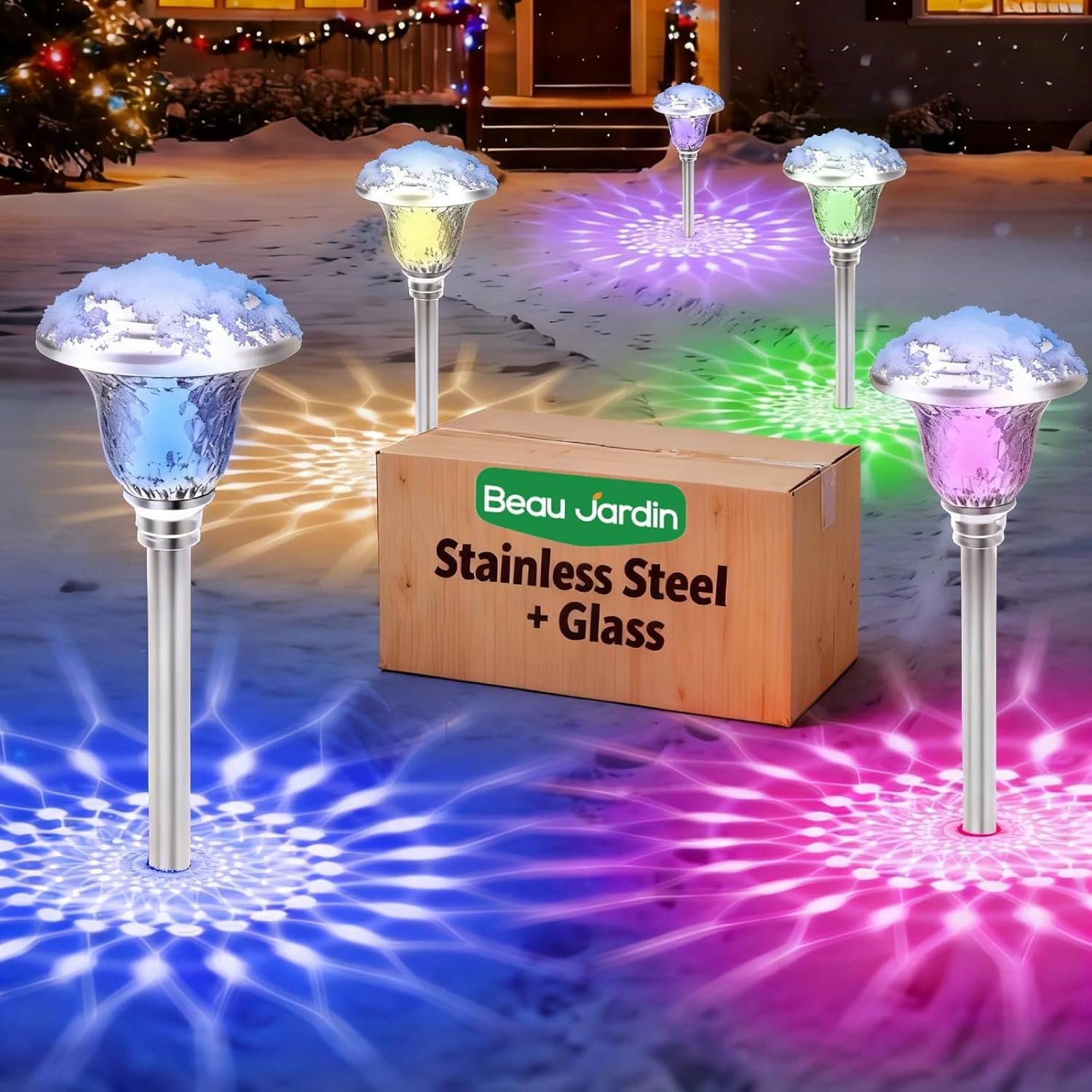 BEAU JARDIN 8 Pack Solar Pathway Lights Outdoor Stainless Steel Solar Powered Waterproof Glass High Lumen Garden Landscape Path Yard Walkway Driveway Color Changing Cool White Silver