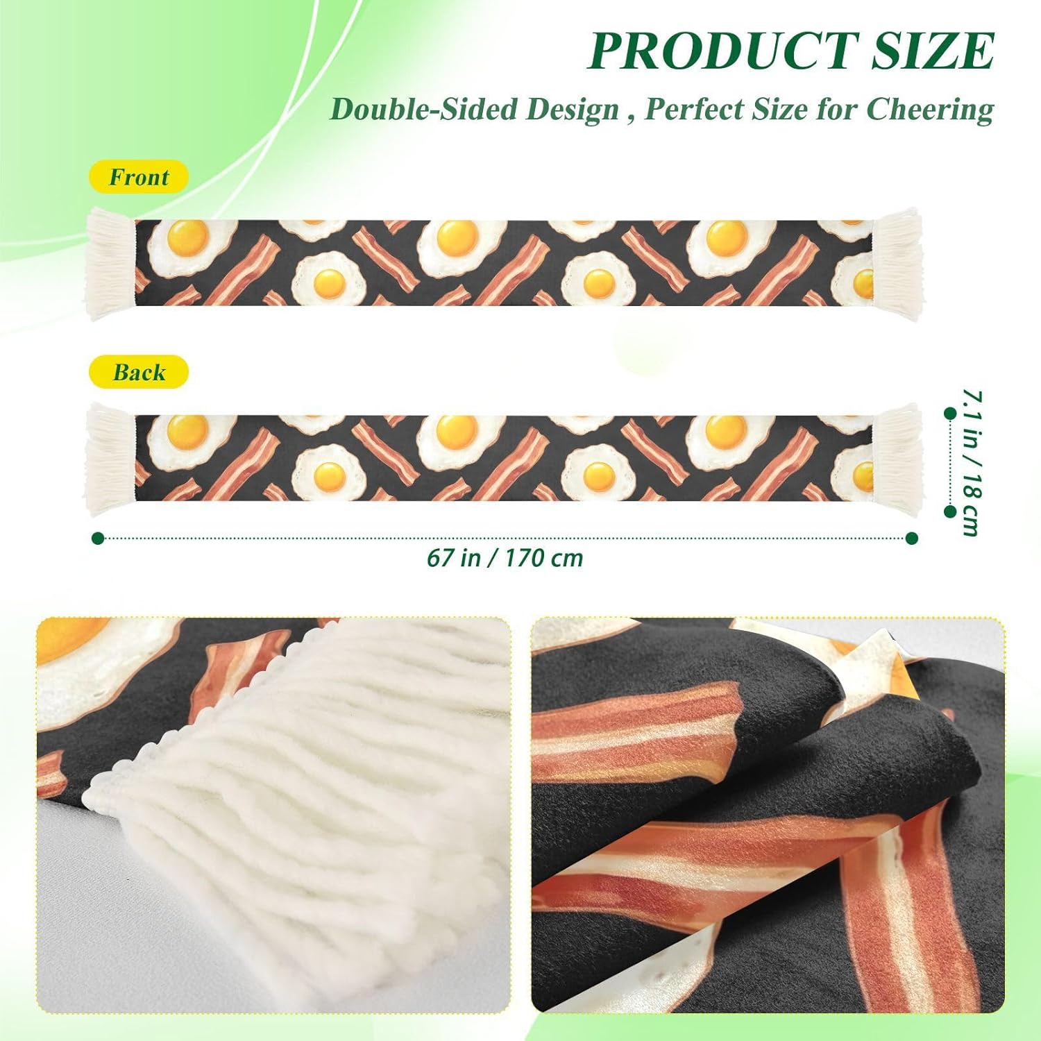 CHIFIGNO Egg Bacon Black Sports Fan Scarf Towel, Soft Absorbent Polyester Scarf for Soccer Games, Quick Dry Cheering Banner