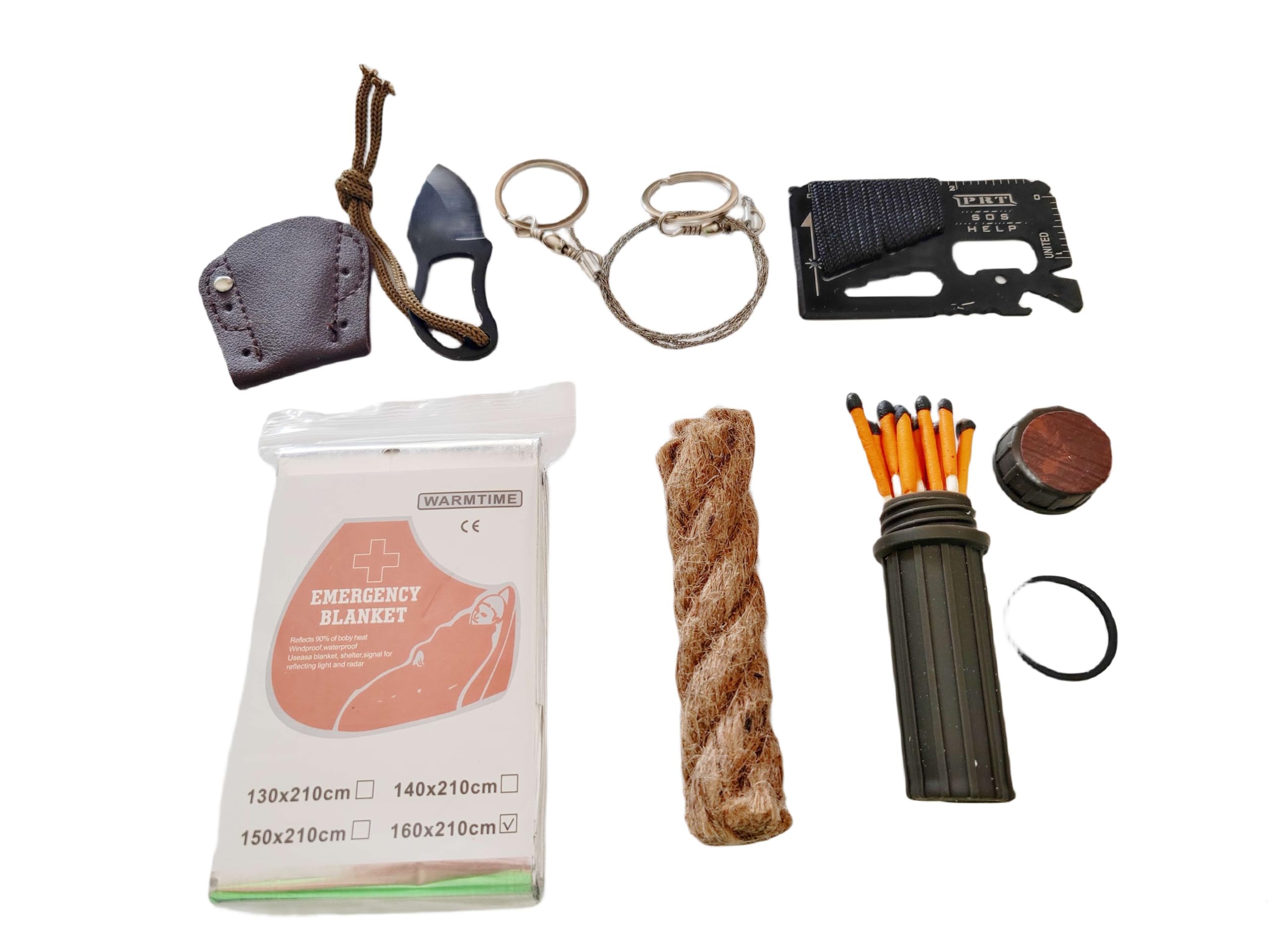 Survival Kit with Windproof Matches (2.6") in Waterproof Case – 2 Thermal Blankets, Fire Rope (1.2"x5.2"), Mini Knife, Wire Saw, 14-in-1 Tool – Bug Out Bag Gear for Camping, Emergency