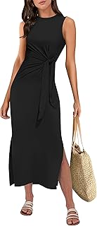 Womens Summer Casual Sleeveless T Shirt Midi Dress Slim Fit Tie Waist Sp...