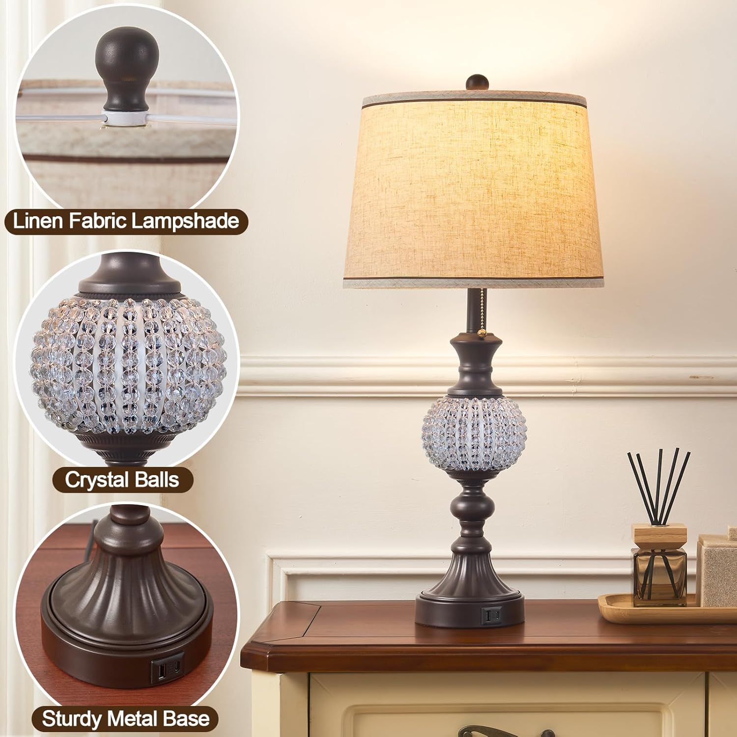 Set of 2 Farmhouse Table Lamps for Living Room - 28" Rustic Nightstand Lamps with USB A+C Charging Ports and Crystal Ball Accent, Industrial Bedside Lamps for Bedroom, Entryway (2 Bulbs Included)