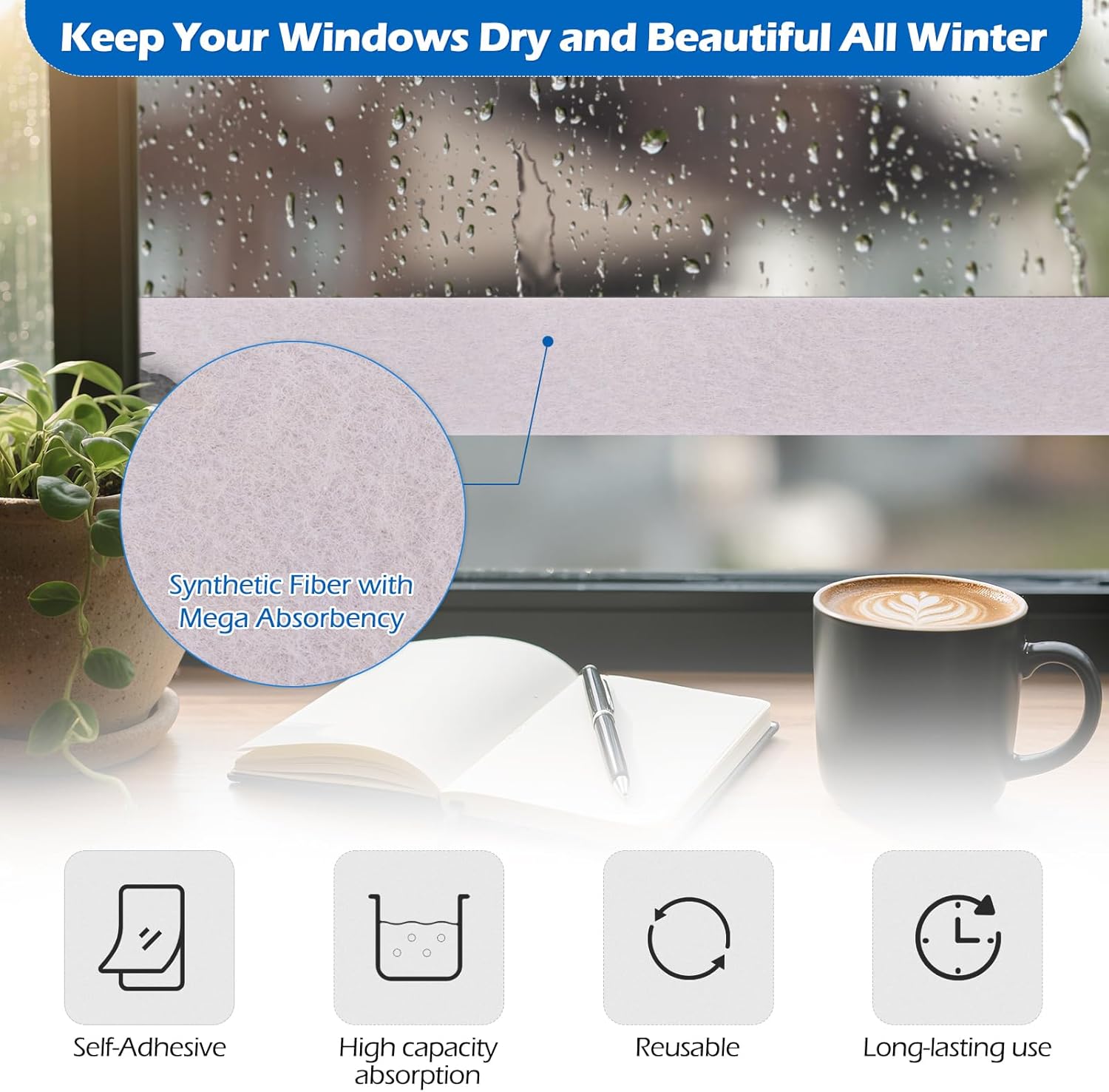 13FT Window Condensation Absorber Strip, Self-Adhesive Weather Stripping, Reusable Condensation Barrier for Sills, Peels Off Cleanly & Easy to Install, Keeps Sills Dry (157.4 x 1.96 Inch)