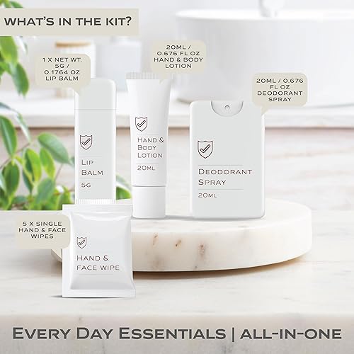 Miniatura 3 de Kit esencial de aseo de viaje aprobado por la TSA de 8 piezas | Kit de higiene personal con desodorante, loción, bálsamo labial y toallitas faciales