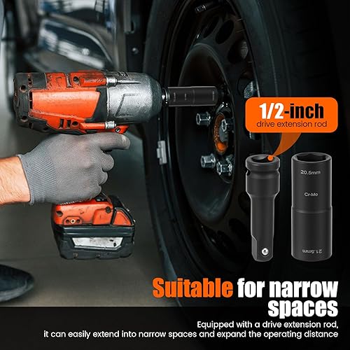 Miniatura 5 de 3Pcs Impact Socket Nut Set, Double Head Wheel Nuts Tool, Precision Impact Wrench Nut Set with 12 Inch Extension Rod for Tight Spaces, Chromium