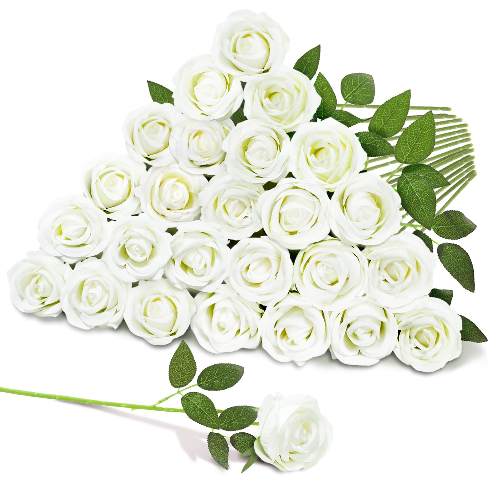 Mandarooker 22 Pcs Artificial Roses - Realistic Velvet Flowers with Stems, Bulk Faux Roses for Home Wedding Party Decor (White)