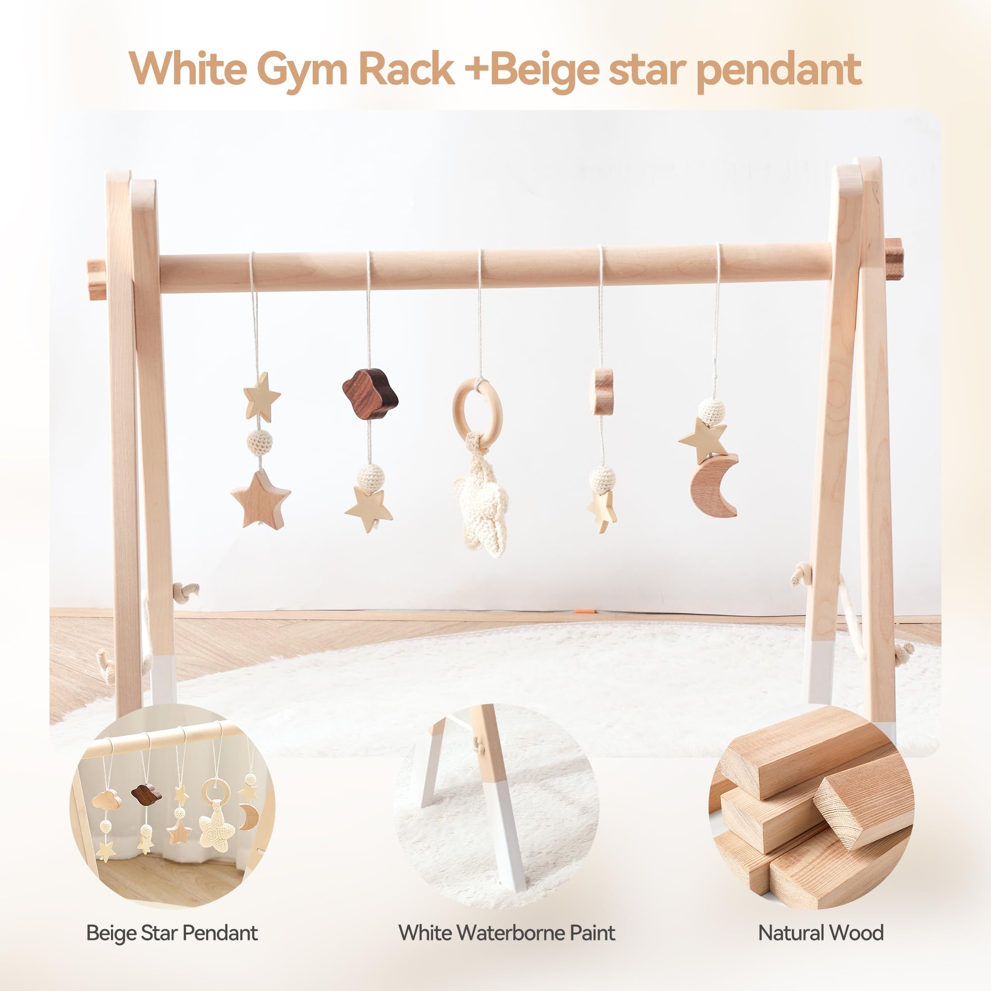 Arche de Jeu Bébé Bois Baby Gym Bois Arche de Jeu Bébé Nouveau-né Jouet Arche de Jeu Centre d'Activité Bébé Beige Etoiles Design Amovible Arche de Jeu Bébés Bois