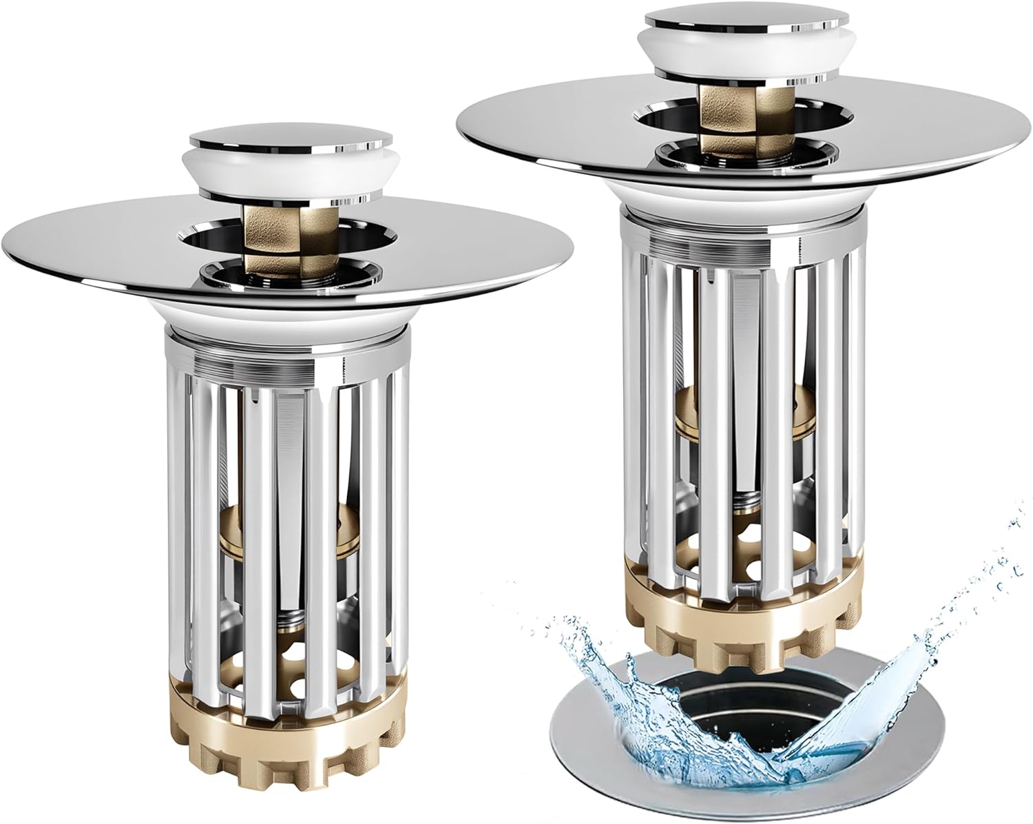 Bathroom Sink Drain Strainer, 2PCS 3 in 1 Pop Up Bathroom Sink Stopper with Removable Brass Basket Hair Catcher, Universal Sink Plug for 1.06 to 1.6in Drain Hole, Chrome Silver Silver Bathroom Sink Stopper Hair Catcher
