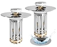 Anlige Bathroom Sink Drain Strainer, 2PCS 3 in 1 Pop Up Bathroom Sink Stopper with Removable Brass Basket Hair Catcher, Universal Sink Plug for 1.06 to 1.6in Drain Hole, Chrome Silver