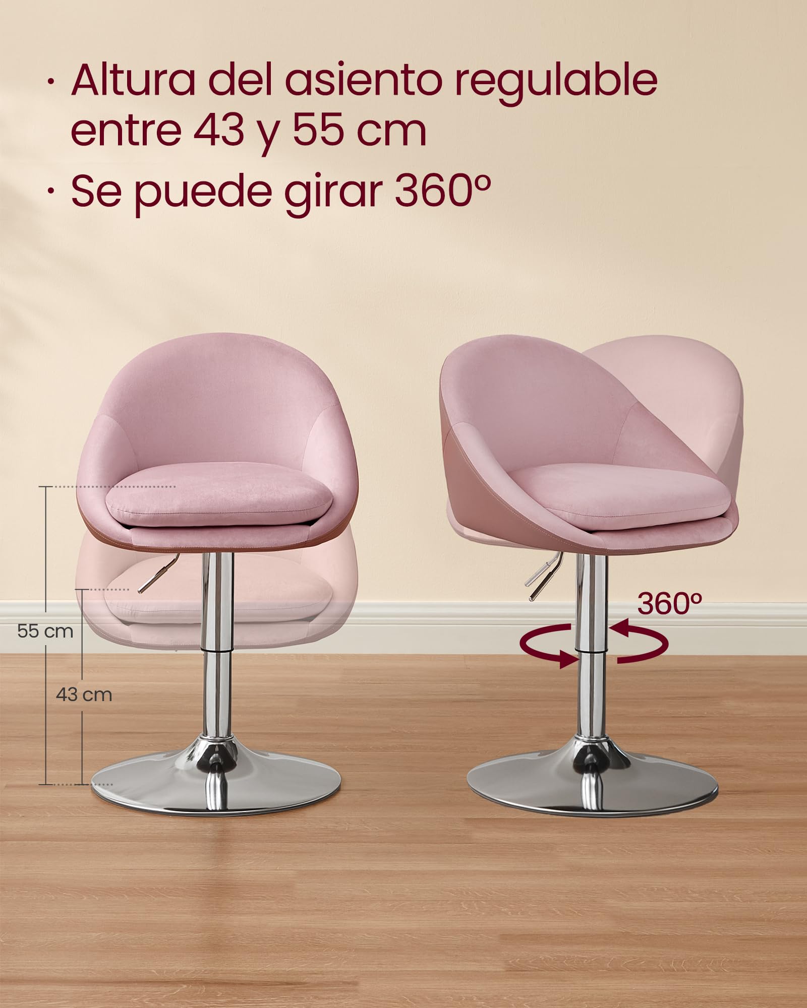 VASAGLE Silla Ajustable, Taburete de Tocador, Silla de Oficina Giratoria, Taburete de Bar con Respaldo y Base, Acero, para Mostrador, Oficina, Tocador, Comedor, Rosa Pastel y Gris Plata LJB100R01