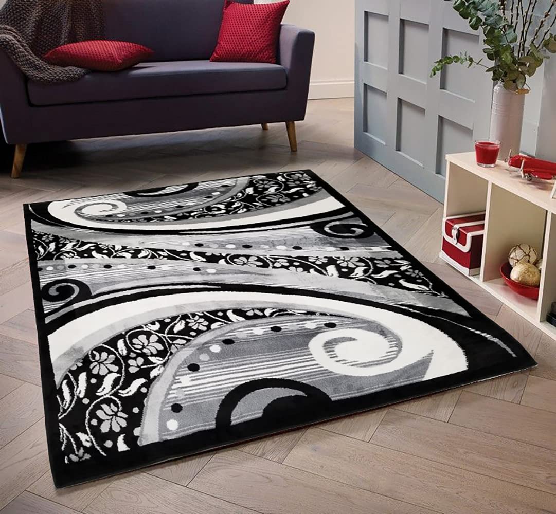 HT Design Rectangular Area Rug for Living Room, Floral Black 5x7 Modern Rugs, Easy to Clean, Pet Friendly Indoor Carpet for Living Room