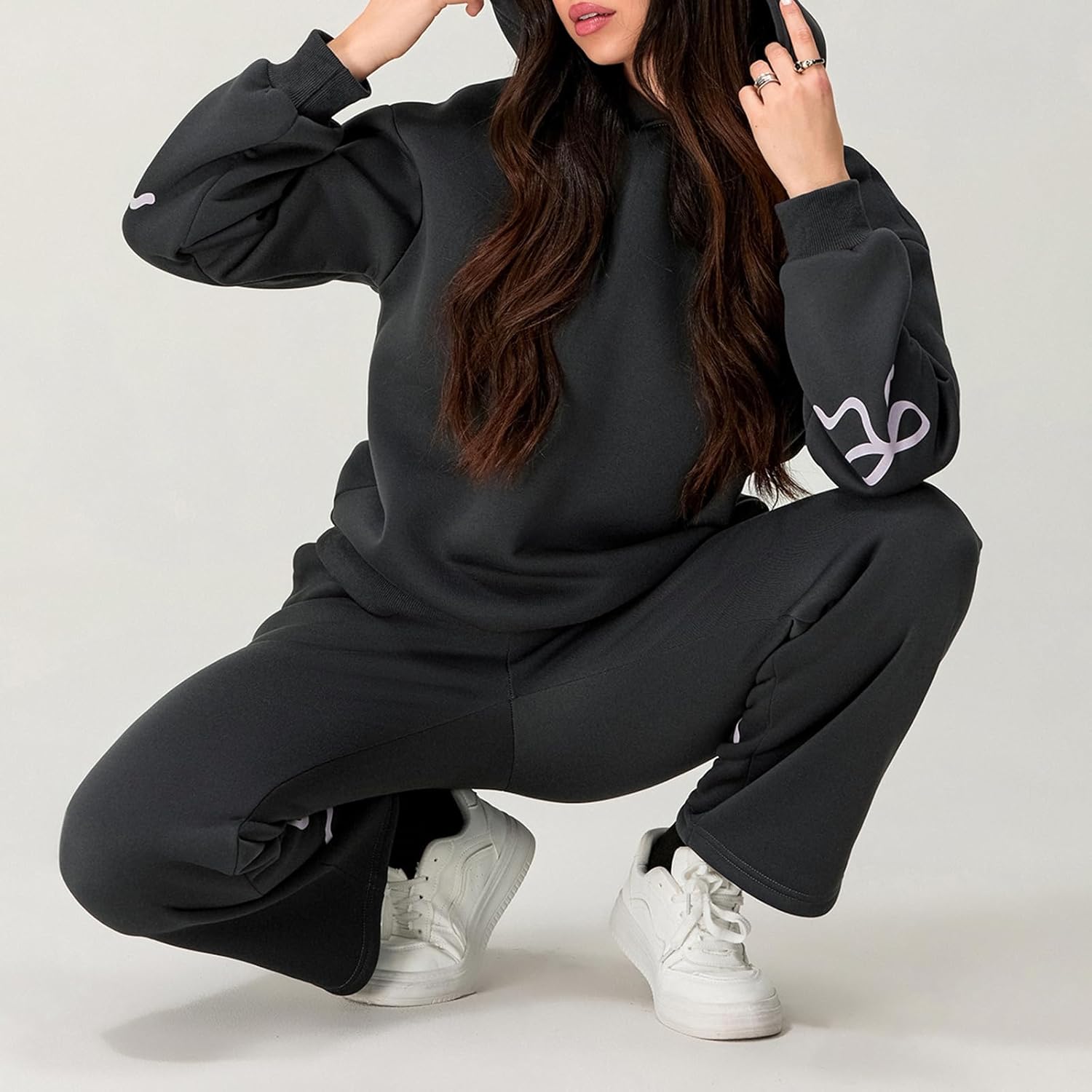 Women 2 Piece Outfits Bow Print Long Sleeve Oversized Sweatshirt Hoodies Baggy Wide Leg Sweatpants Fall Sweatsuits