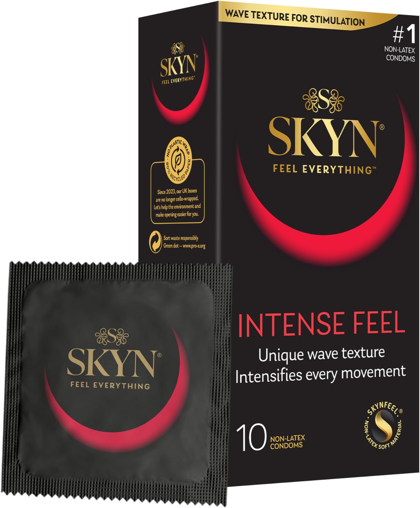 SKYN Intense Feel Condoms Pack of 10 SKYNFEEL Latex Free Condoms for Men, Regular Size Condoms, Thin Condoms, Ribbed and Dotted Straight Shape, Lubricated, 53mm Wide