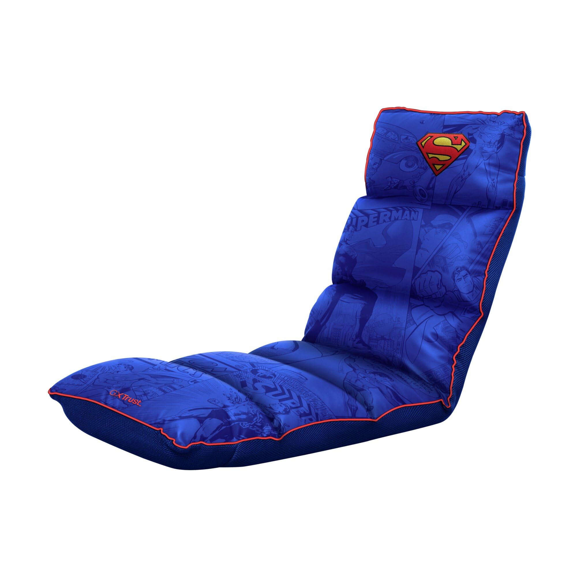 GXTrust 718SM Rayzee Silla Gaming Plegable con Licencia Superman, Cojin de Suelo para Consolas, Respaldo Ajustable, Peso de hasta 125 kg, Silla Gamer para Niño Juegos Lectura Relax TV, Azul