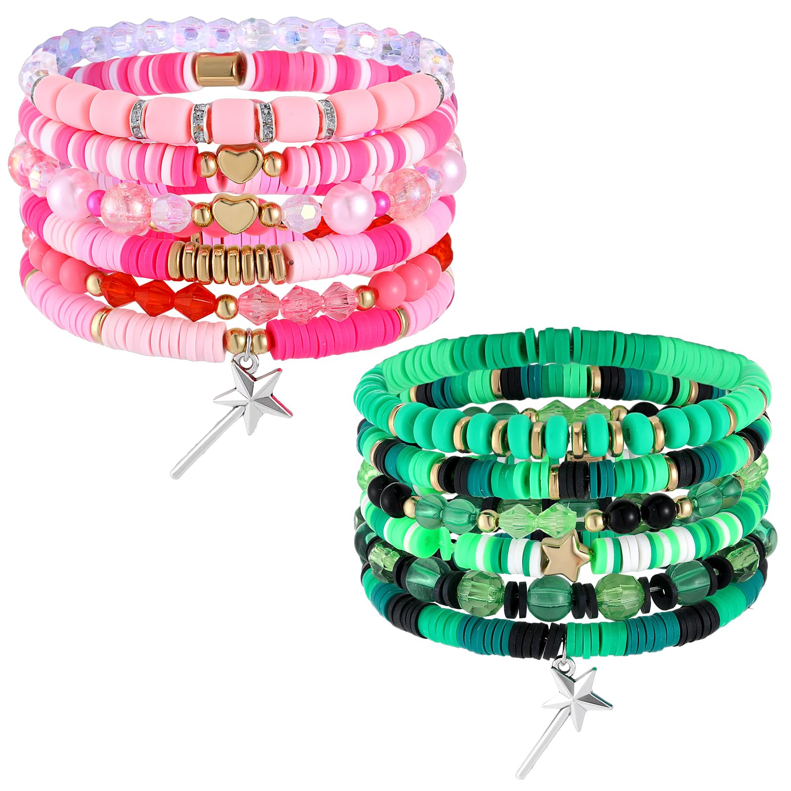 Huquary 2 Pcs Green and Pink Witch Friendship Matching Bracelets Gift Stackable Beaded Bracelets for Witch Theme Birthday Party Thank You Gifts Fans Dress Decor Couples Accessories Gifts
