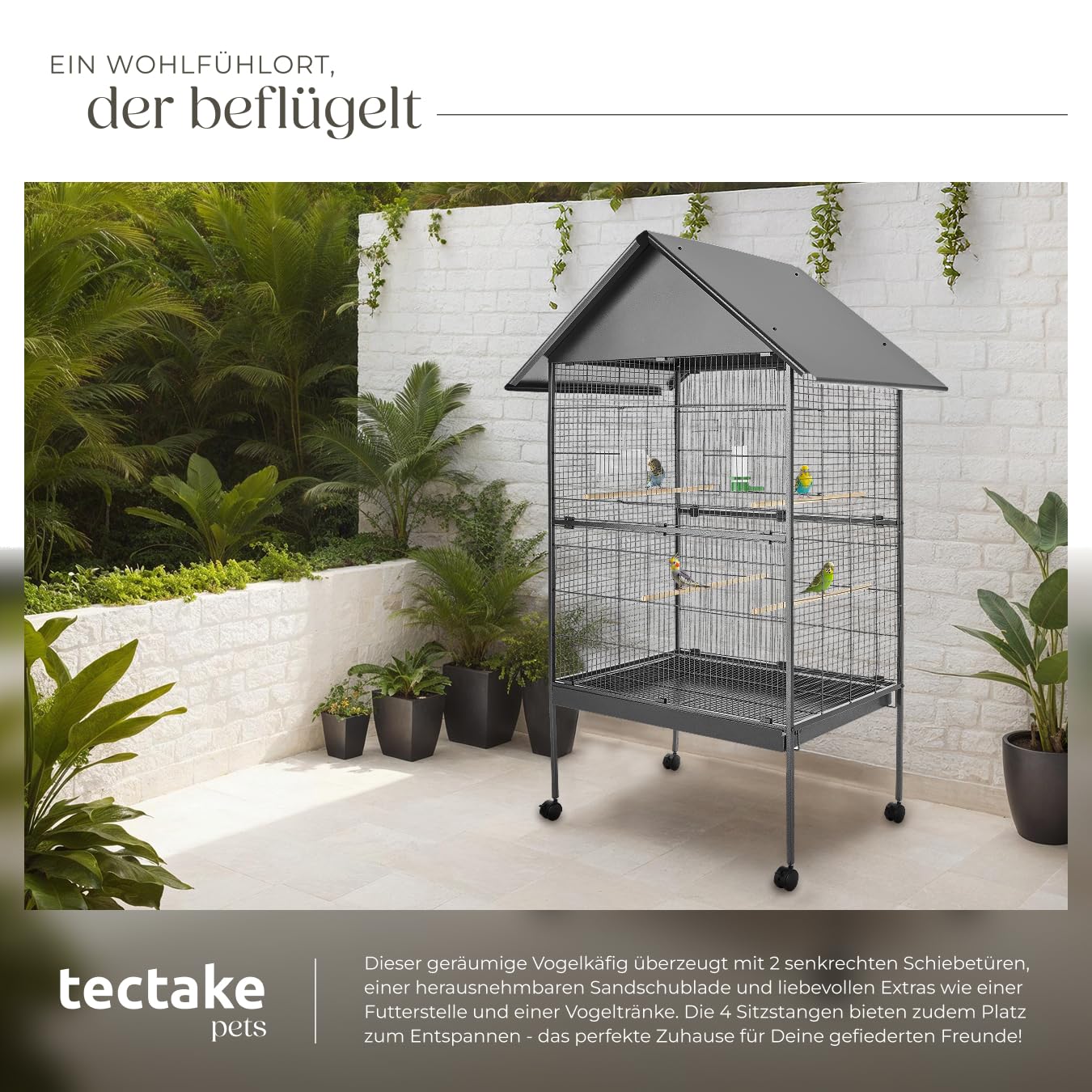 tectake® Vogelkäfig groß, Papageienkäfig mit Sandschublade, Voliere auf Rollen, Birdcage mit 4 Sitzstangen, Vogelvoliere mit Rollen, 85 x 60 x 168 cm, Nymphensittich Käfig, Vogelkäfig Wellensittich