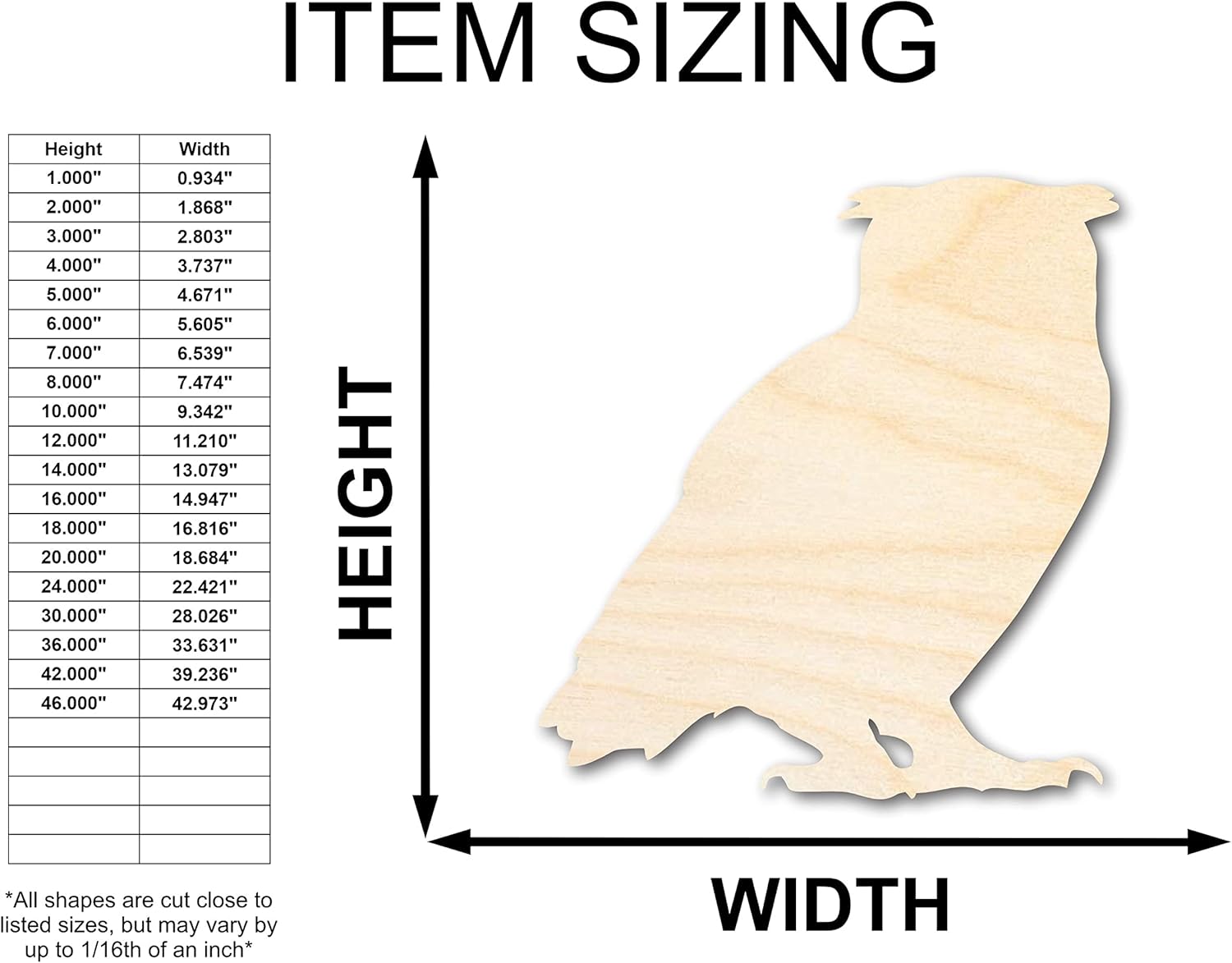 Unfinished Wood Horned Owl Shape Craft up to 46" DIY 18" / 3/4"