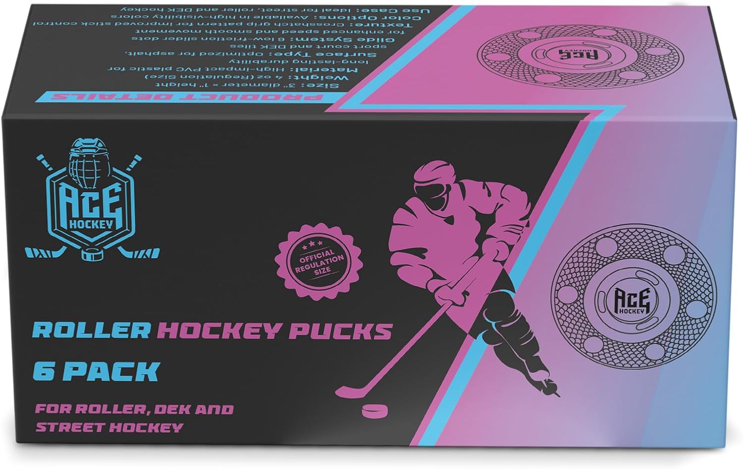 ACE HOCKEY Roller Hockey Pucks – 6-Pack, 3" Regulation Size – Indoor/Outdoor Practice for Asphalt, Concrete & Sport Court – Smooth Gliding Puck for Street, Inline & DEK Hockey – Bright Rainbow Colors