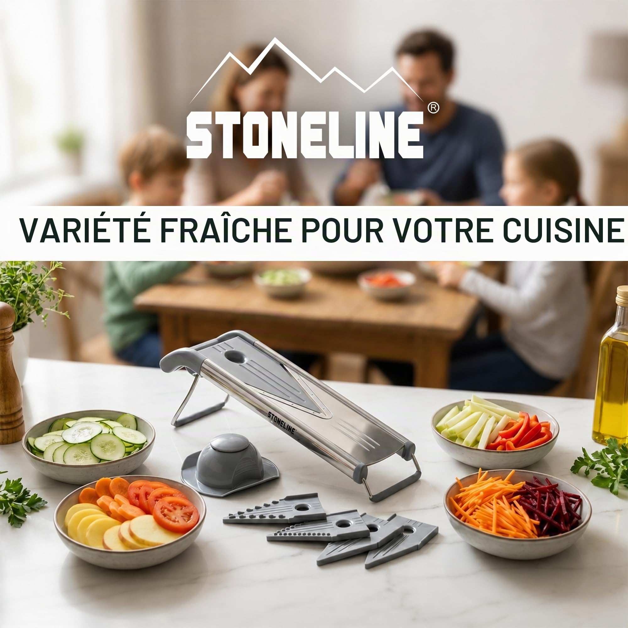 STONELINE Râpe en V, Mandoline à Légumes, polyvalente, pour pour Frites, Coupe-Légumes, avec 5 embouts, Set de 9 Pièces, en Acier Inoxydable
